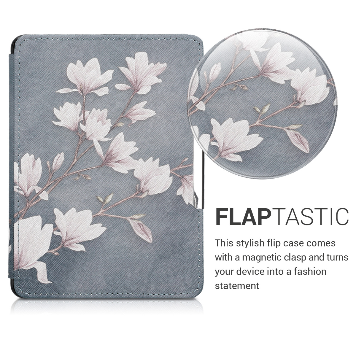 Pouzdro na čtečku kwmobile Kindle Paperwhite - Magnolias - taupe / bílá / modrošedá