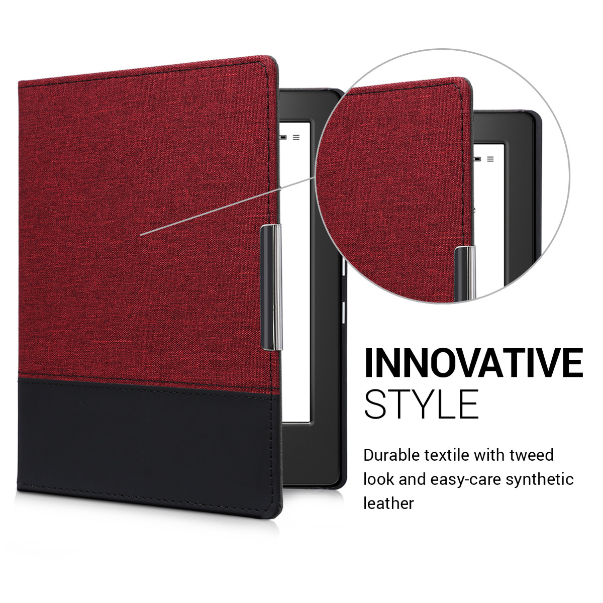 Pu kožené canvas pouzdro na čtečku Kobo Aura H2O Edition 1 tmavě červeno-černé