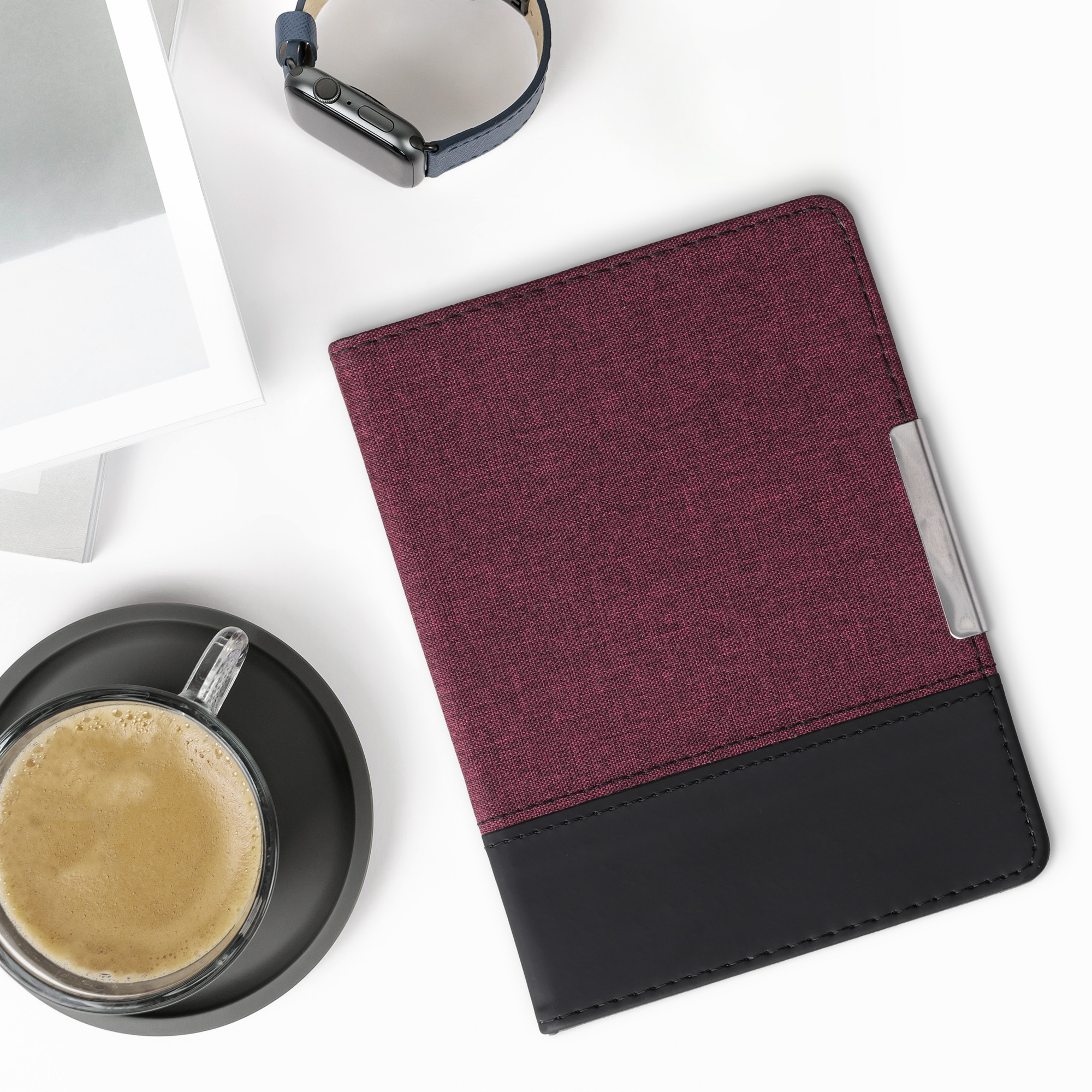 Pu kožené canvas pouzdro na čtečku Kobo Aura Edition 2 tmavě červeno-černé se stojánkem