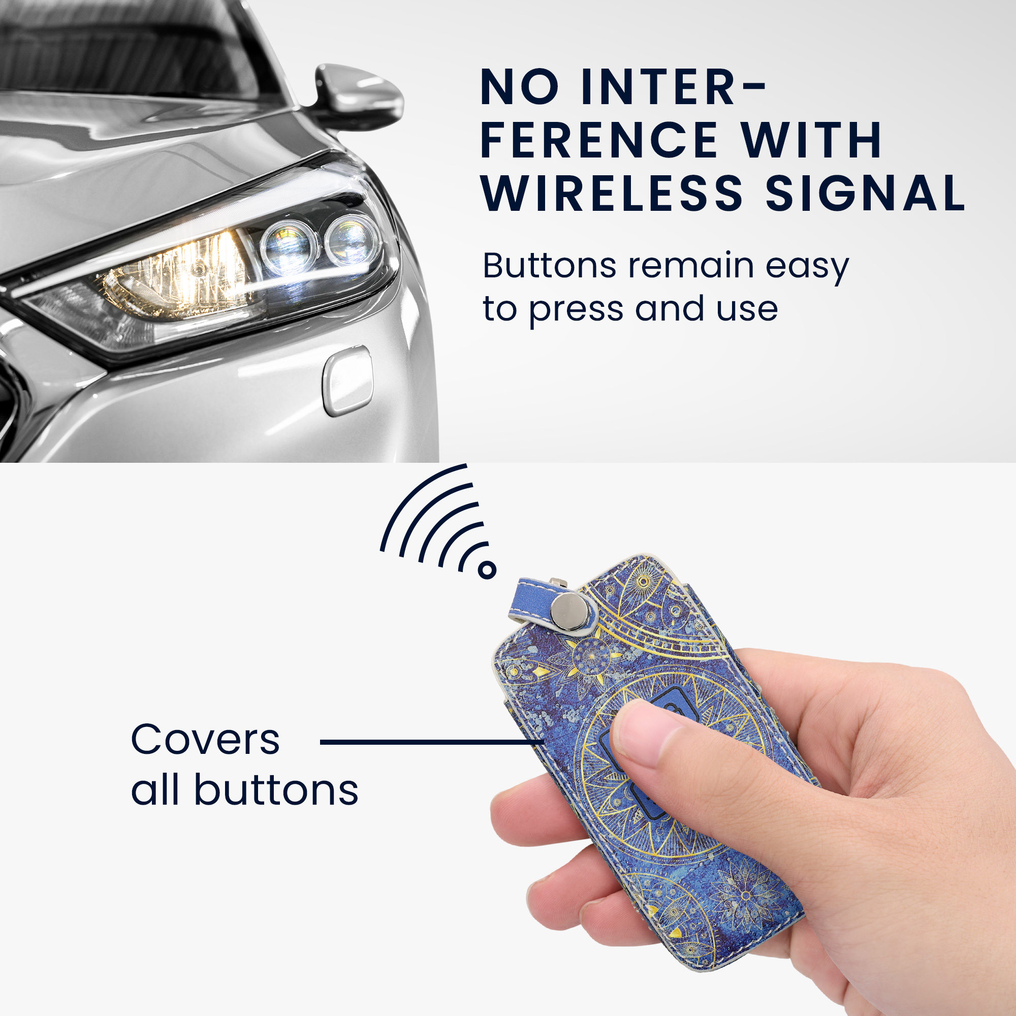 Obal na klíč od auta pro Renault klíč se 4 tlačítky (pouze Keyless Go) kwmobile z eko kůže - motiv zlatých mandal žlutá / tmavě modrá