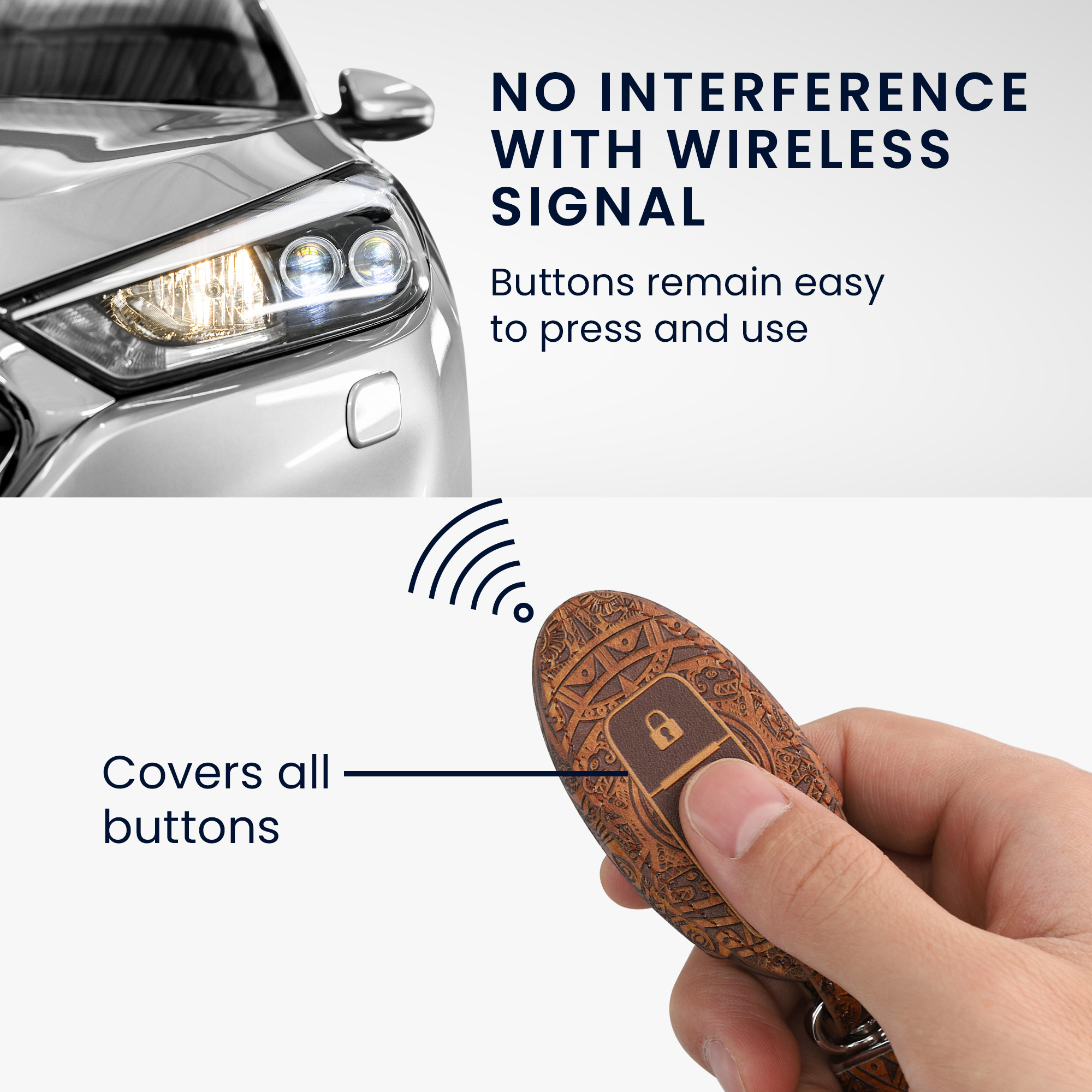 Obal na klíč od auta pro Nissan klíč se 3 tlačítky kwmobile z eko kůže - motiv mayský kalendář hnědá / světle hnědá