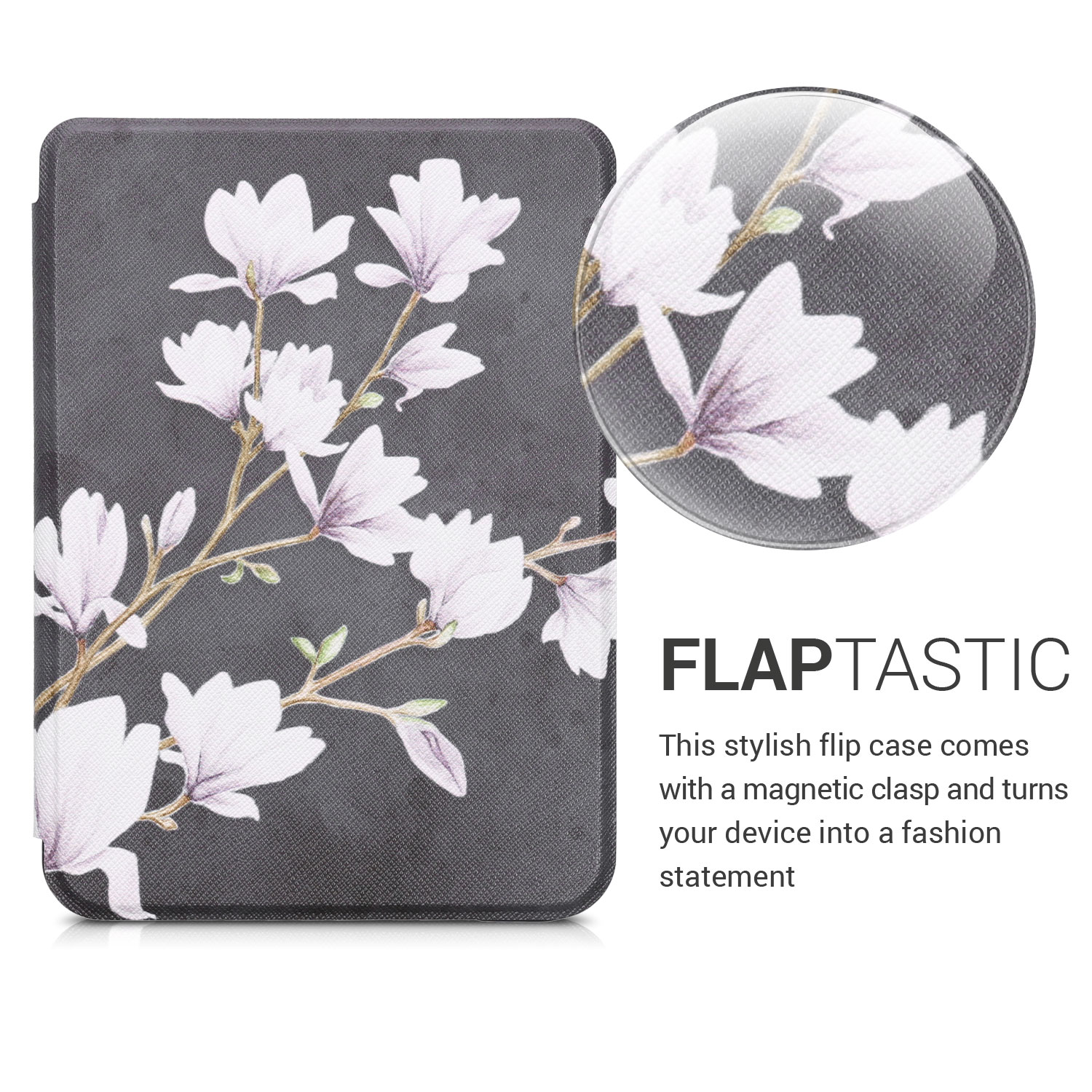 Flip pouzdro na čtečku s magnetem Kobo Clara HD Magnolias taupe-bílo-tmavě šedý se stojánkem