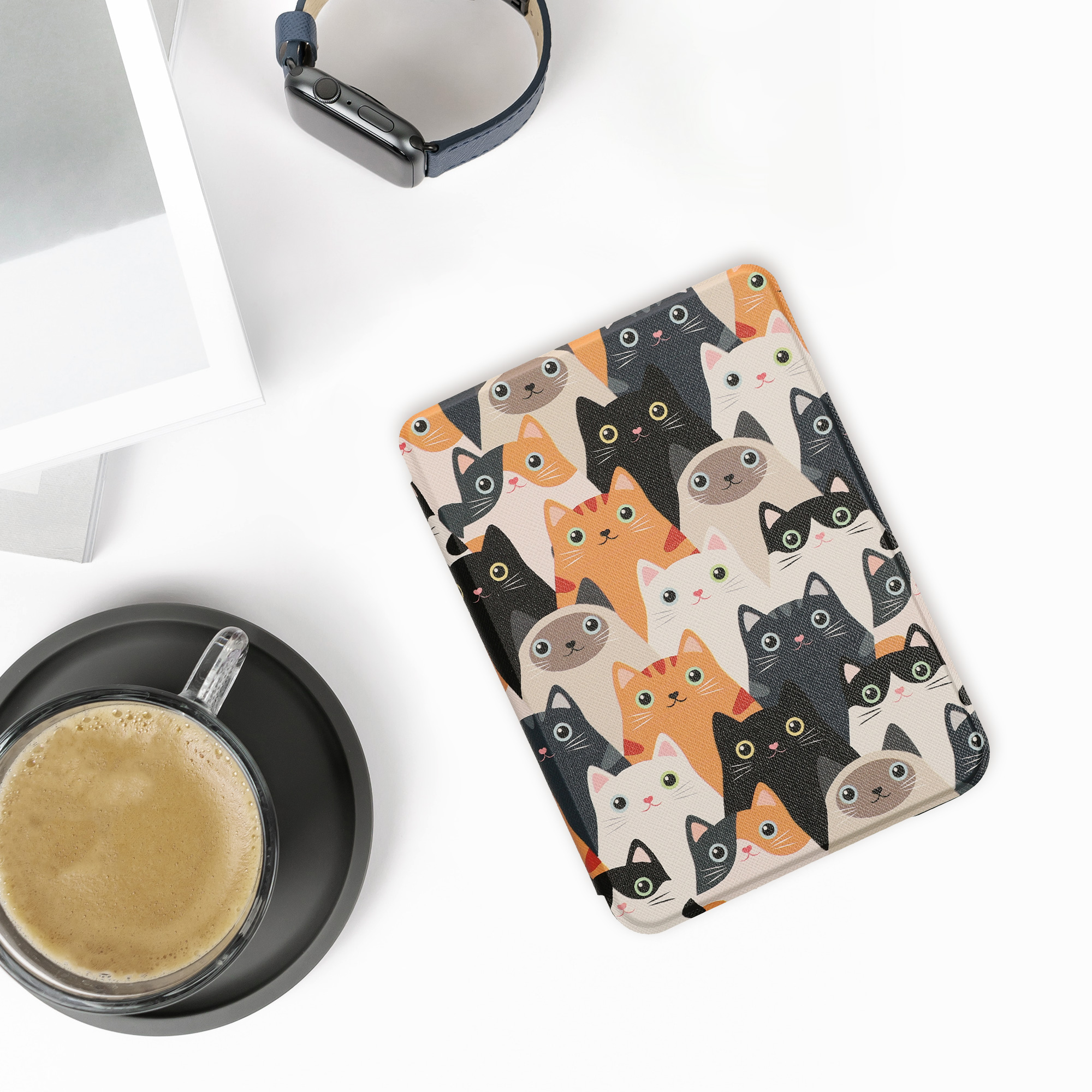 Flip pouzdro na čtečku s magnetem Kobo Clara HD Cats oranžovo-černo-bílé se stojánkem