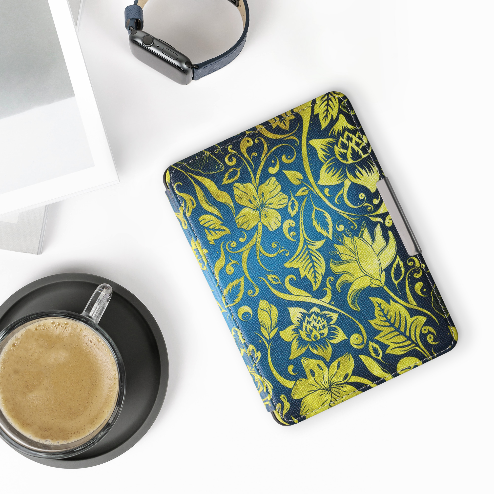 Pouzdro na čtečku kwmobile Kindle Paperwhite - Vintage zlatá Flowers - žlutá / modrá / tmavě modrá
