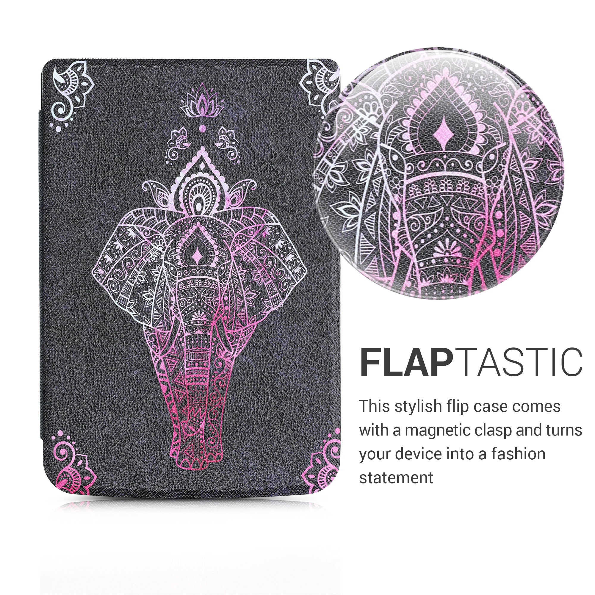 Pouzdro na čtečku Pocketbook Touch Lux 4/5/Touch HD 3/Color (2020)/ Vivlio Lux 5 kwmobile - elephant sketch with dark pink/antracitová