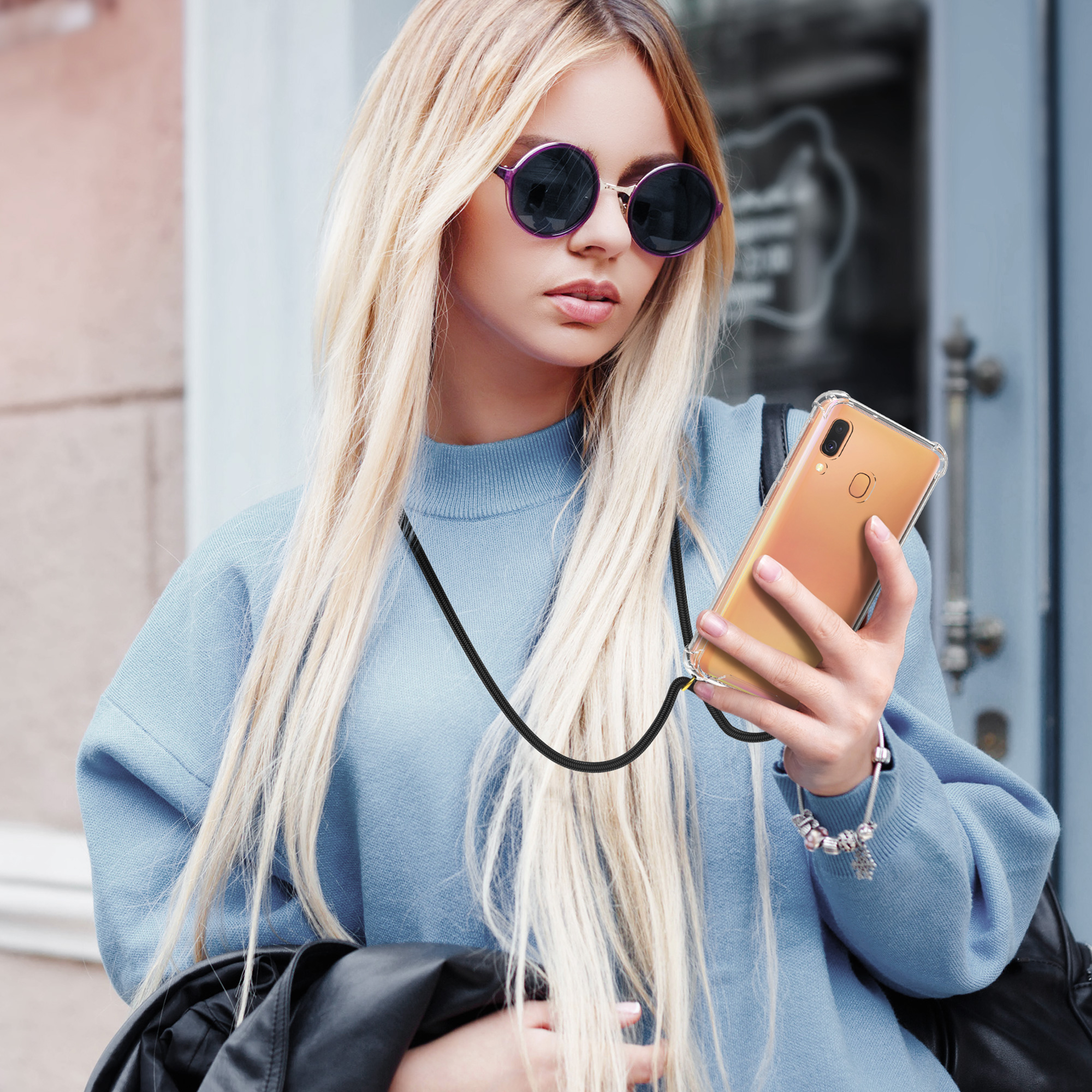 Crossbody kryt na mobil Samsung Galaxy A40 kwmobile se šňůrkou Magnolias - růžová /