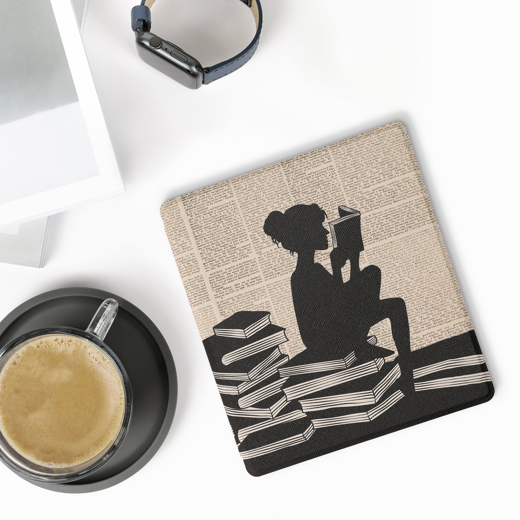Pouzdro na čtečku kwmobile pro Amazon Kindle Oasis 10. Generation - motiv dívka a knihy černá / béžová