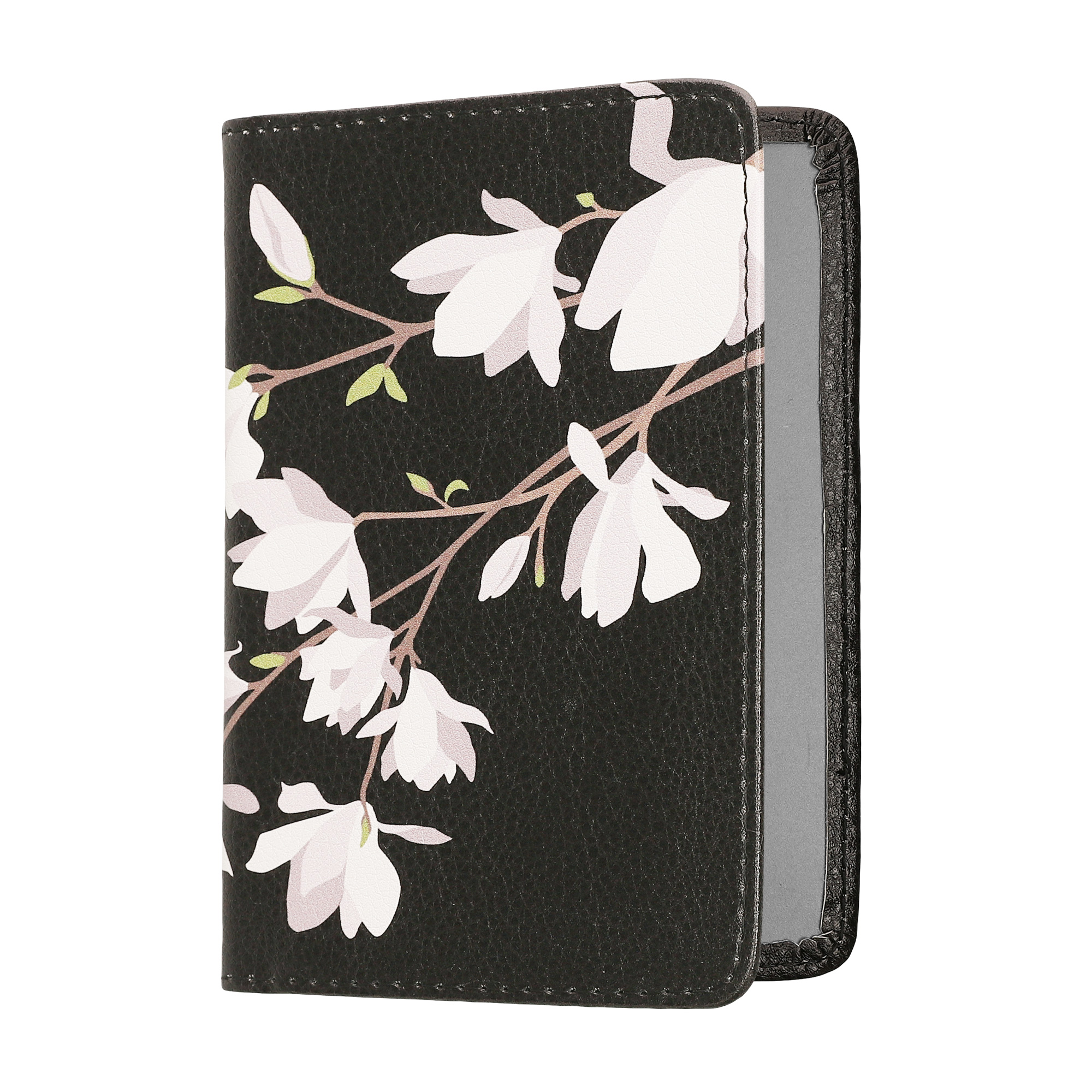 Obal na doklady od auta kwmobile 12 x 17,5 cm / 9,2 x 13 cm PU kůže motiv magnolias - taupe/hnědá/černá