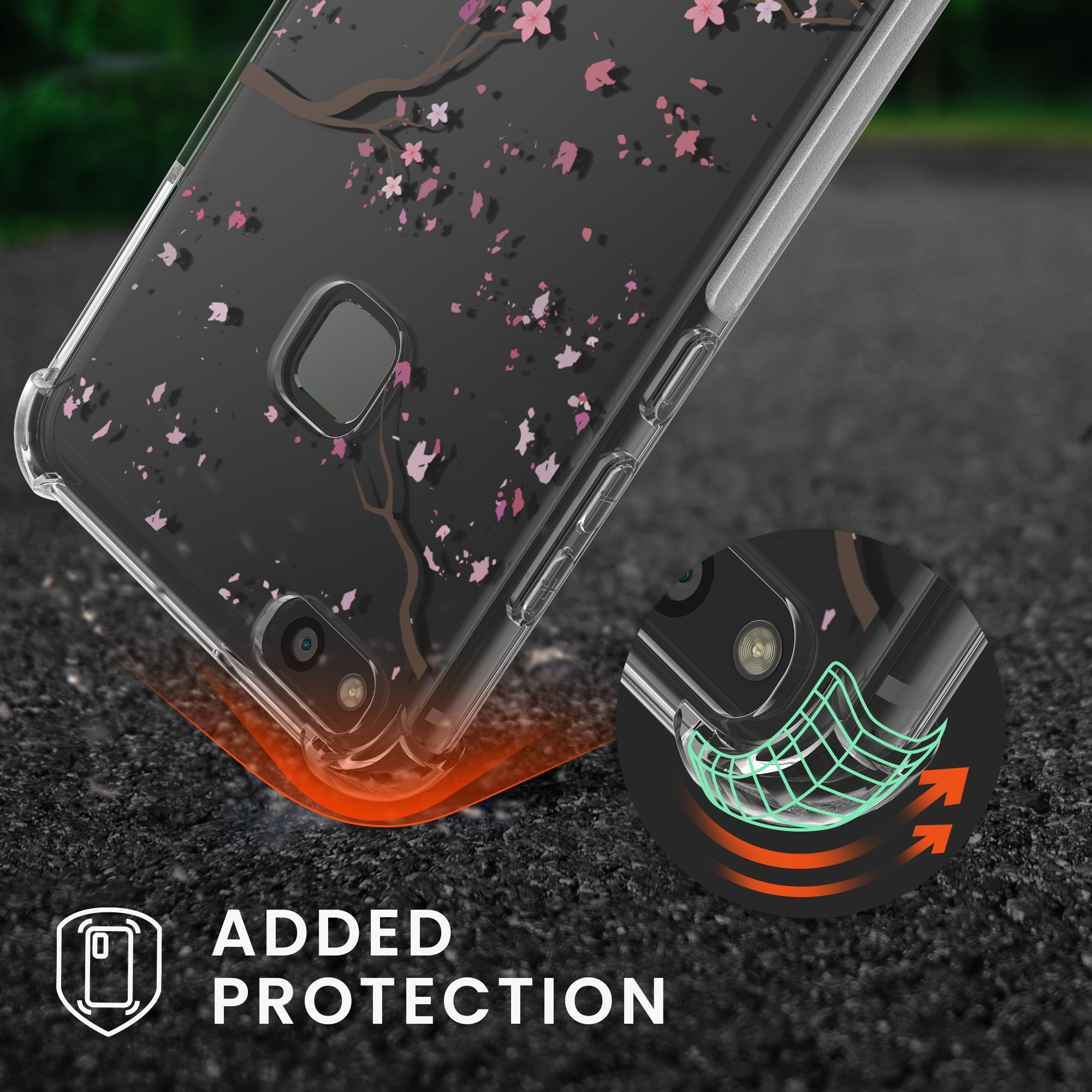 Crossbody kryt kwmobile pro Huawei P10 Lite, motiv třešňové květy, růžová / tmavě hnědá / transparentní