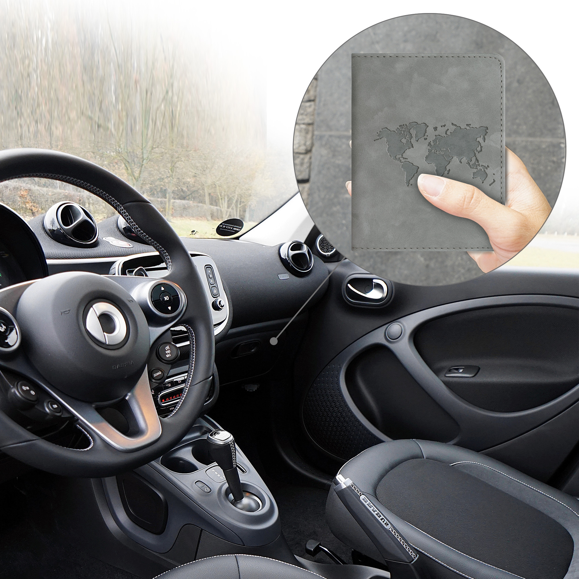Pouzdro na doklady a karty do auta ze syntetické kůže kwmobile ‑ cestování, šedá