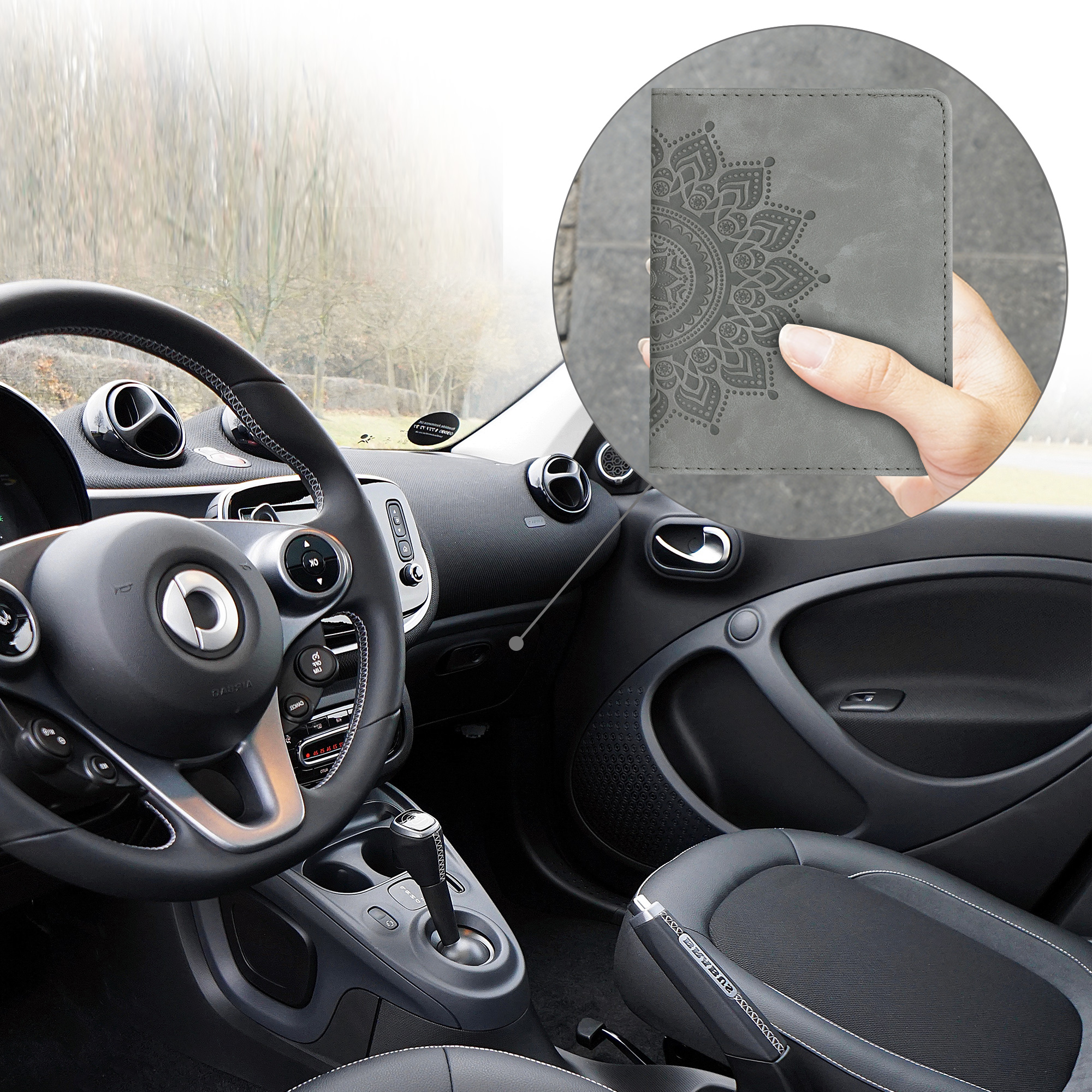 Obal na doklady od auta kwmobile PU kůže - 12 × 17,5 cm otevřené / 9,2 × 13 cm složené - šedá