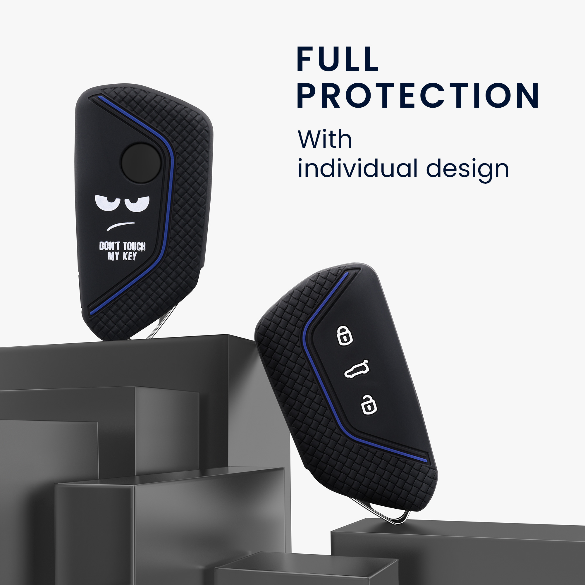 Pouzdro na klíč od auta kwmobile pro VW Golf 8, ID.3/ID.4/ID.5/ID.7, Seat/Škoda/Cupra - bílá / černá / modrá