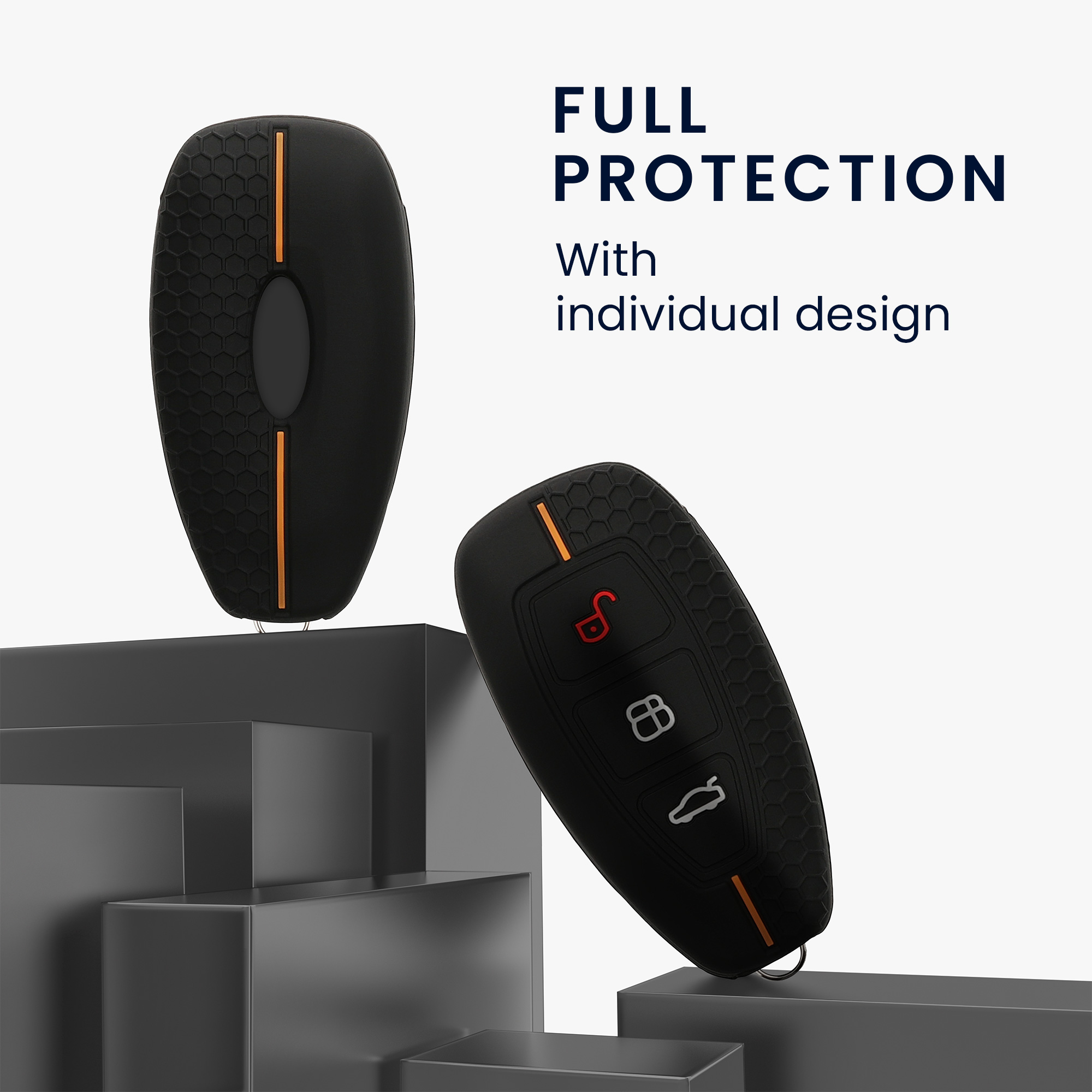 Obal na klíč od auta pro Ford klíč se 3 tlačítky a funkcí Keyless Go kwmobile - černá / oranžová