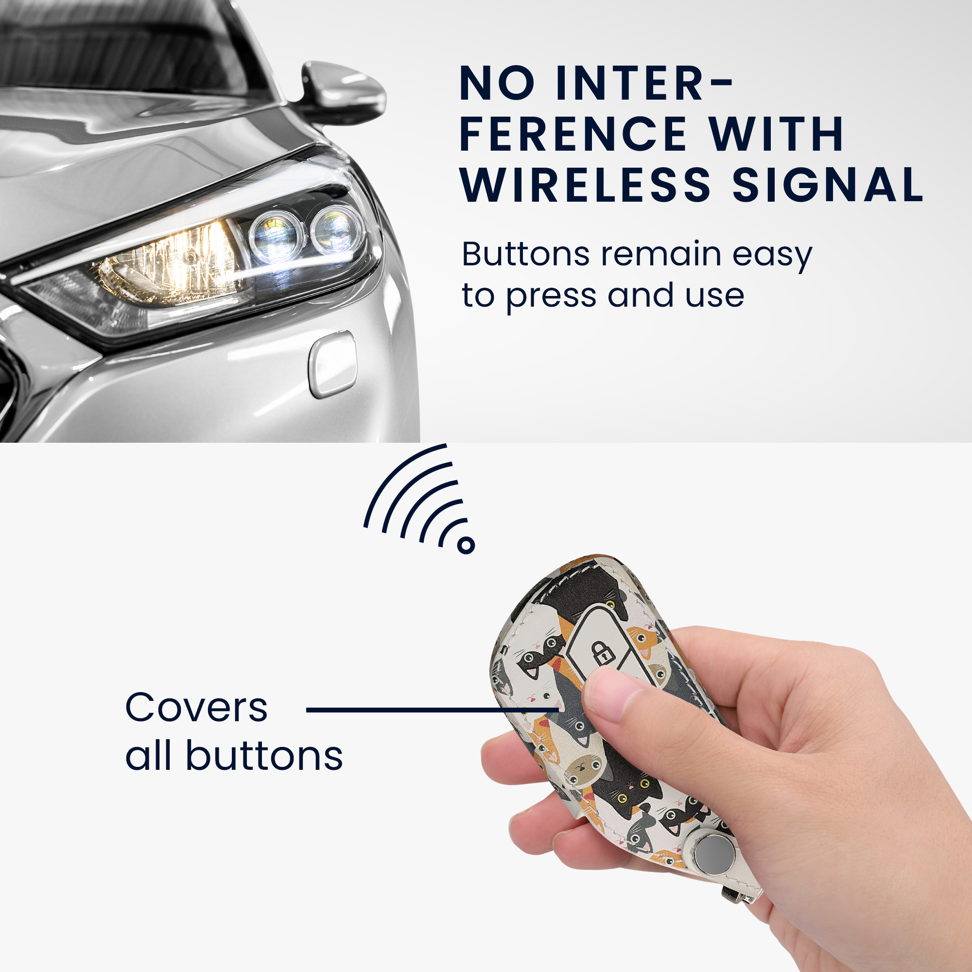 Obal na klíč od auta pro VW Golf 8 klíč se 3 tlačítky kwmobile z eko kůže - motiv kočky, oranžová / černá / bílá