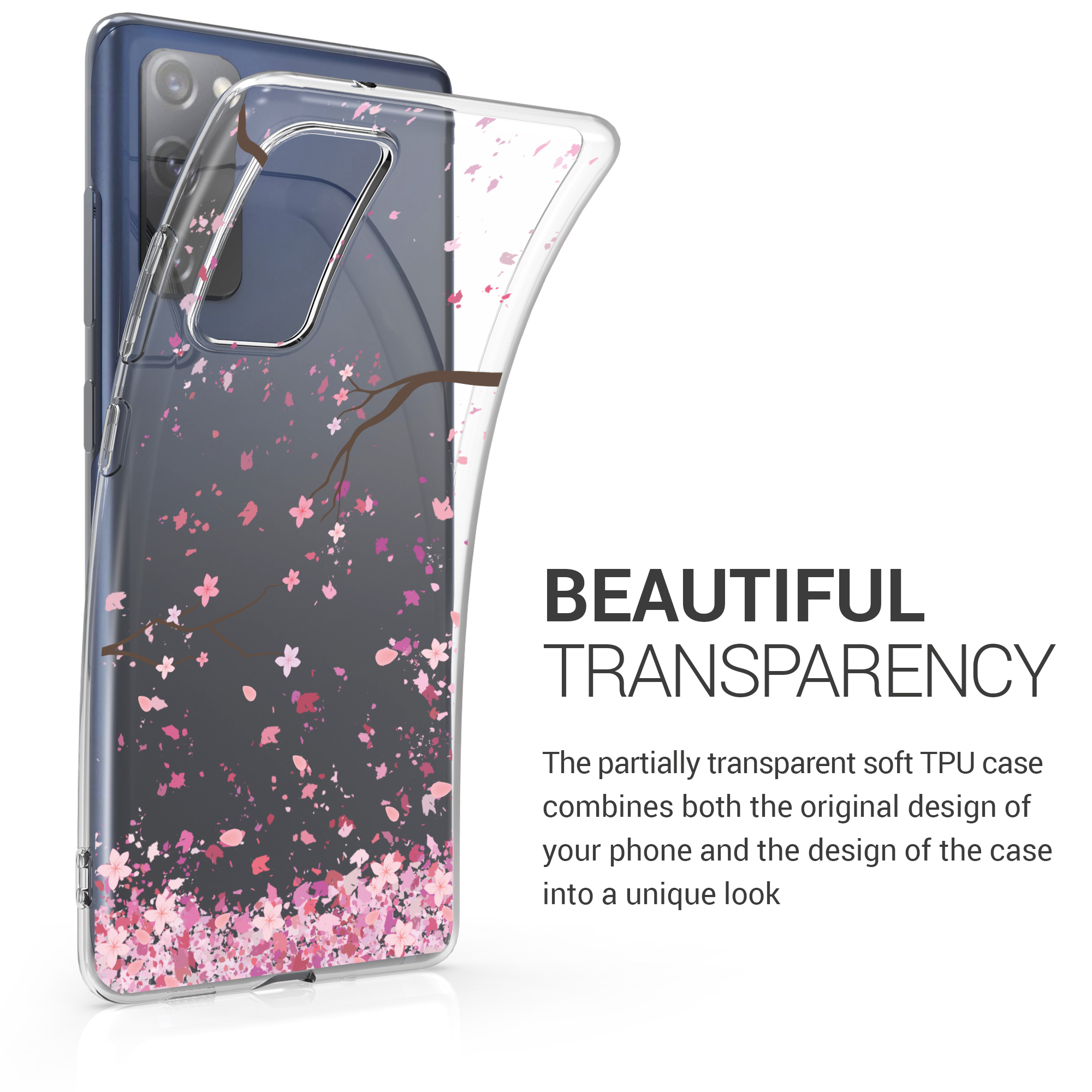 Čirý kryt na mobil Samsung Galaxy S20 FE kwmobile Cherry Blossoms růžovo-tmavě hnědo-transparentní
