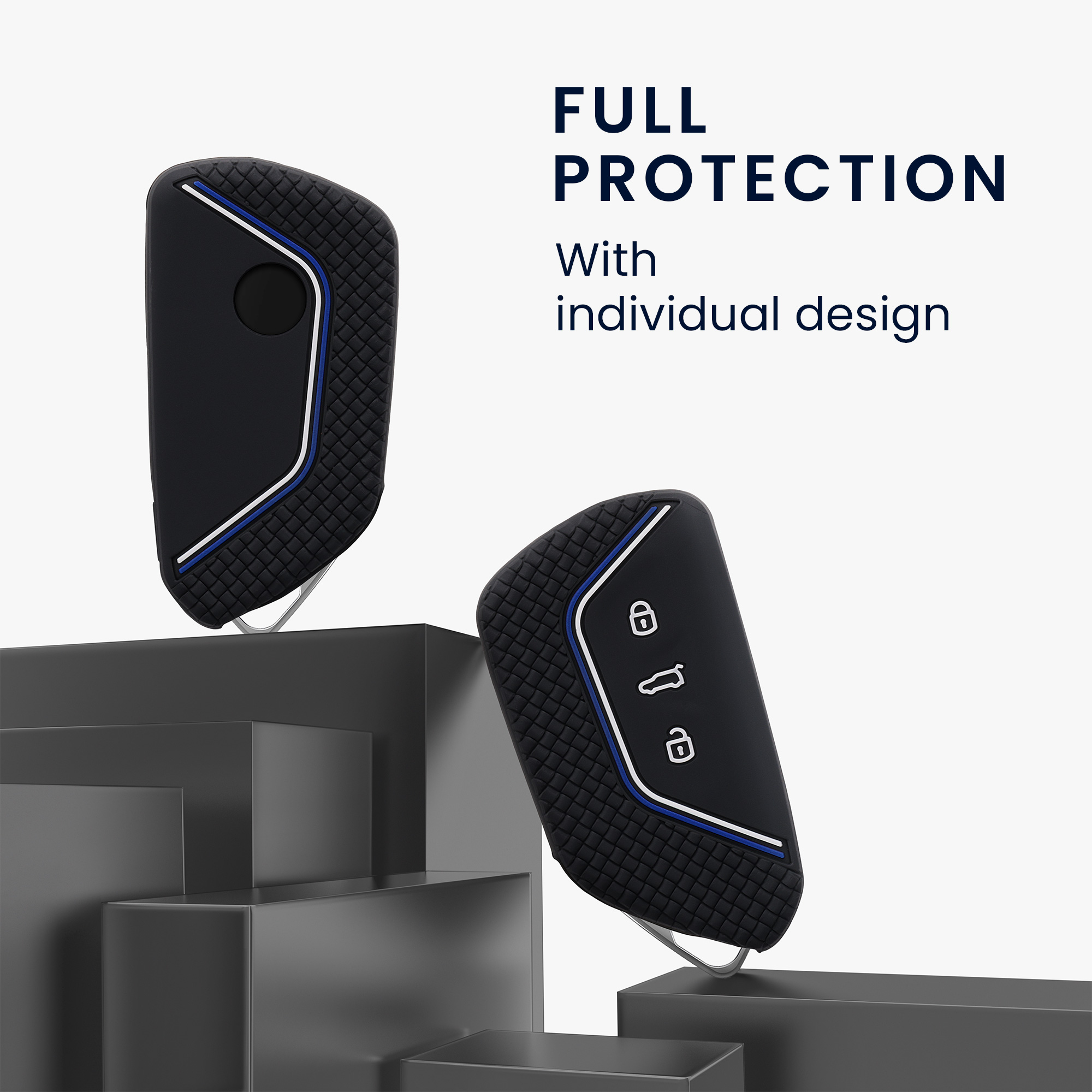 Pouzdro na klíč od auta kwmobile pro VW Golf 8, ID.3/ID.4/ID.5/ID.7, Seat/Škoda/Cupra - černá / modrá / bílá