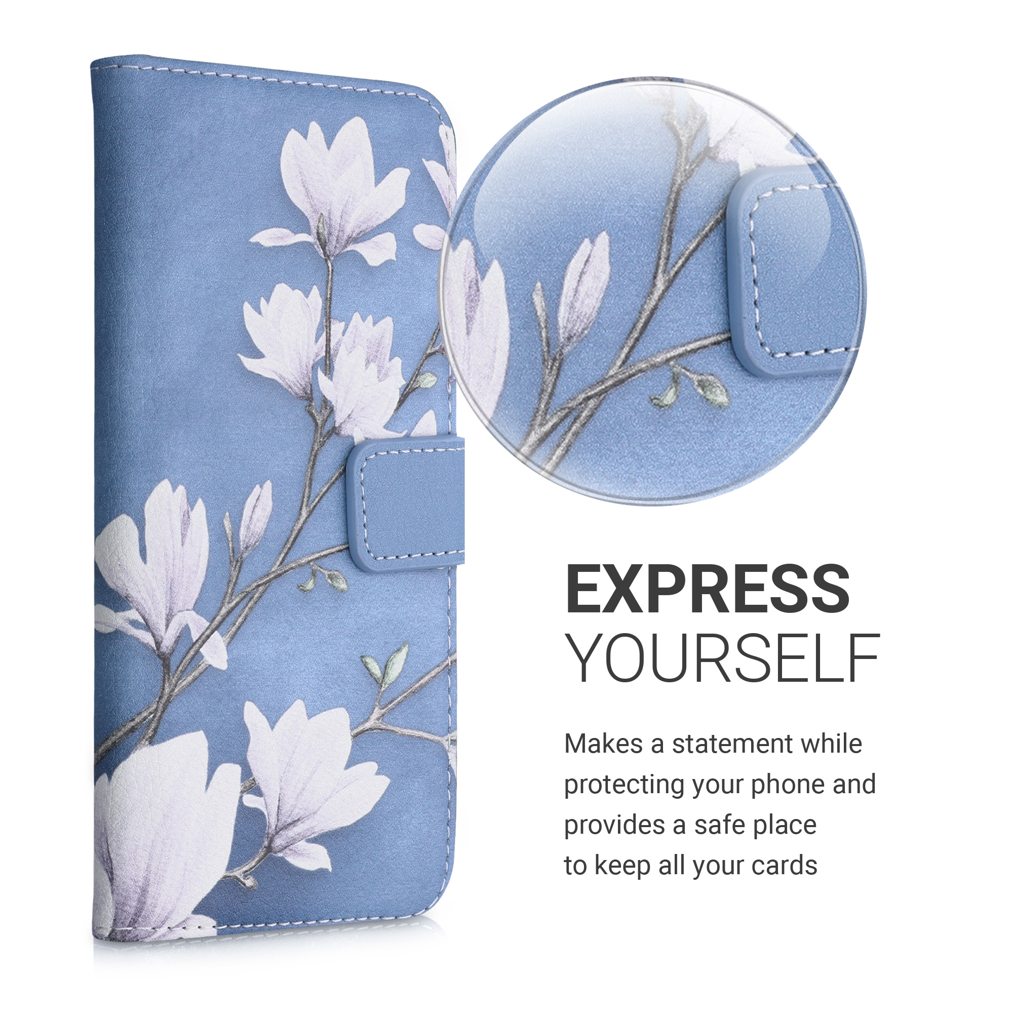Wallet pouzdro peněženka Samsung Galaxy A52 / A52 5G / A52s 5G kwmobile Magnolias Magnolias - taupe / bílá / modrošedá