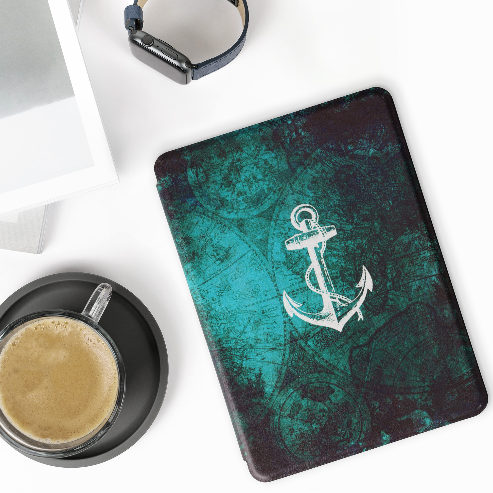 Pouzdro na čtečku kwmobile Amazon Kindle Paperwhite 11 Generation 2021 Case - Anchor Map bílá / modrá