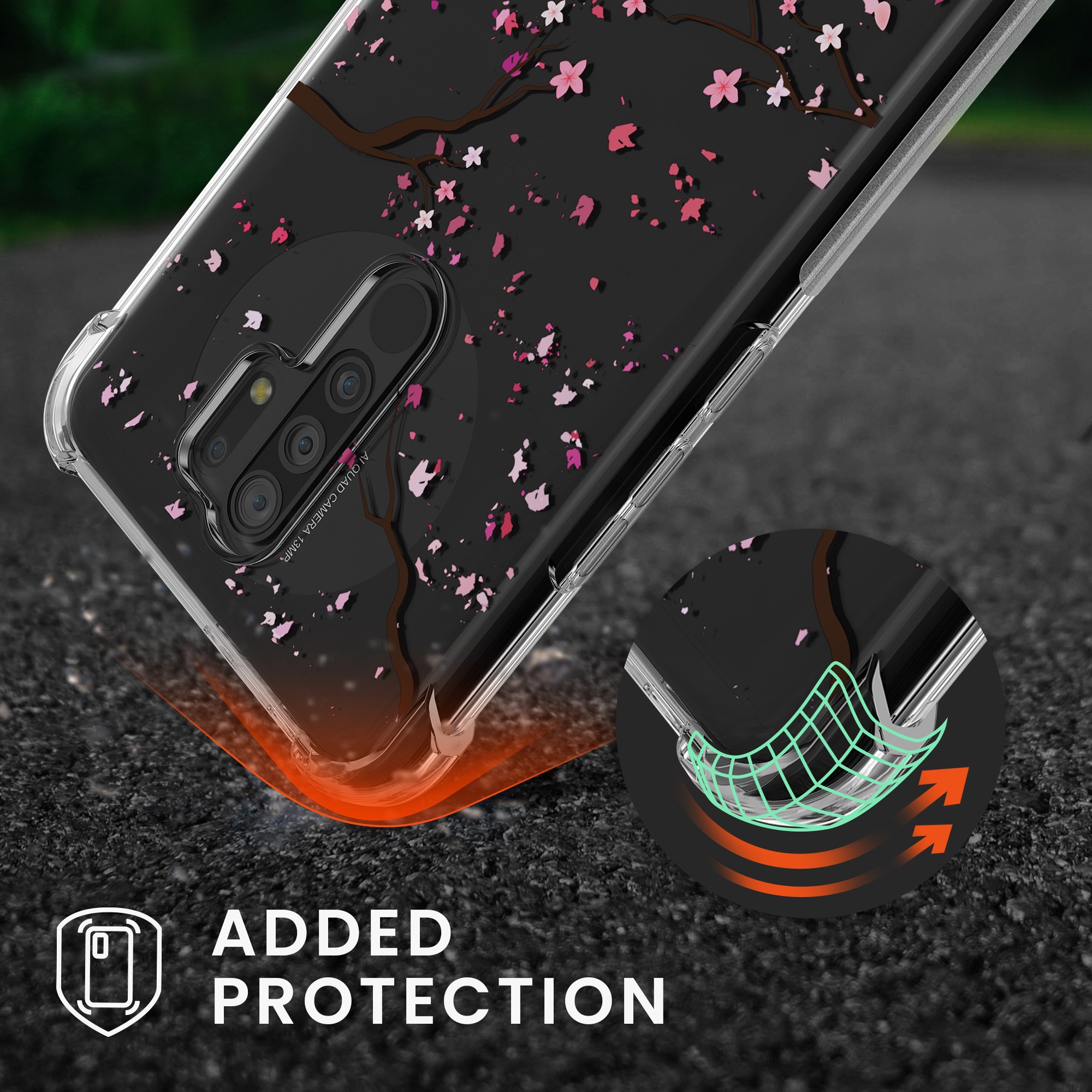 Kryt Xiaomi Redmi 9 crossbody popruh třešňové květy - růžová/tmavě hnědá kwmobile