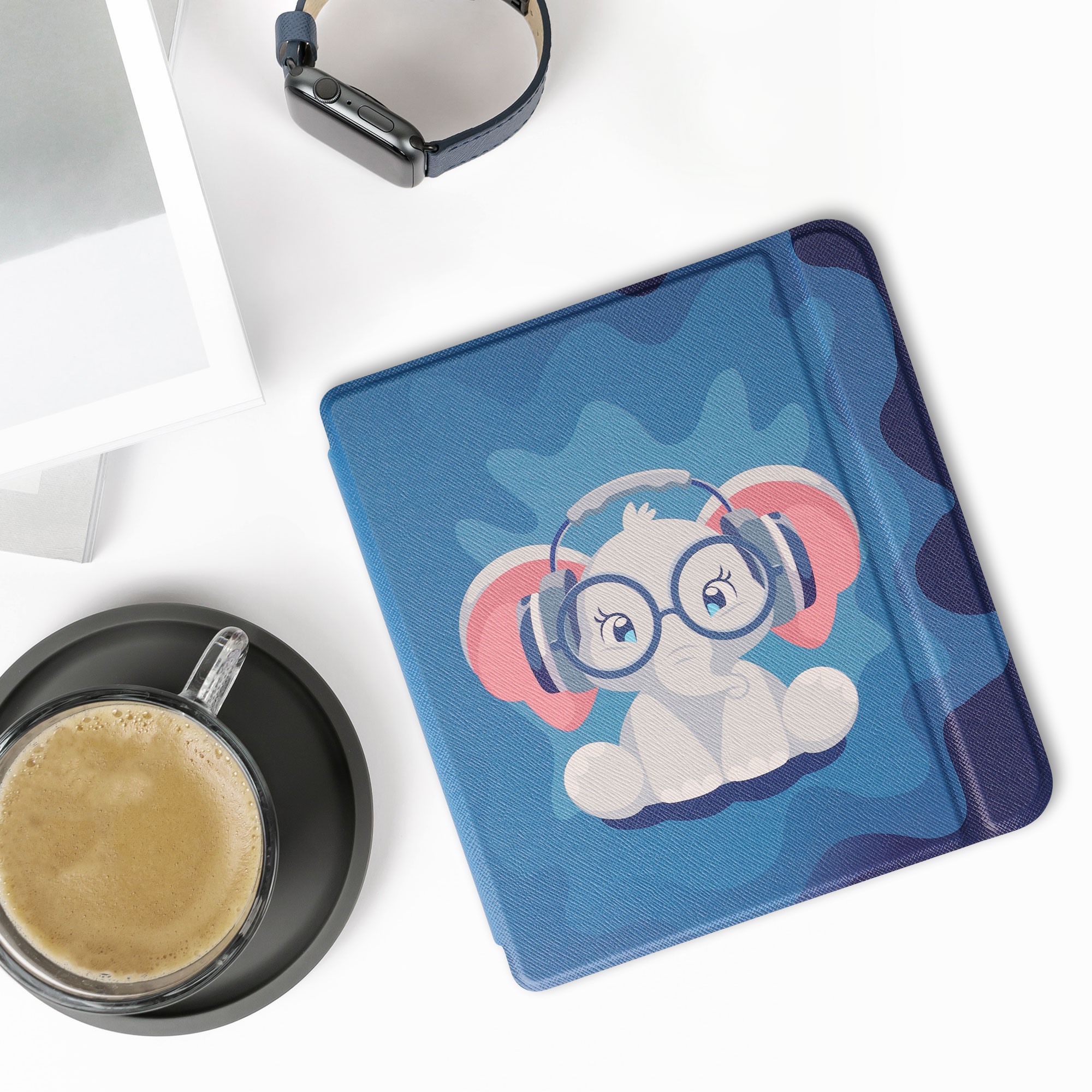 Pouzdro na čtečku kwmobile pro Tolino Vision 6 - motiv Cute Elephant, světle modrá / tmavě modrá / šedá