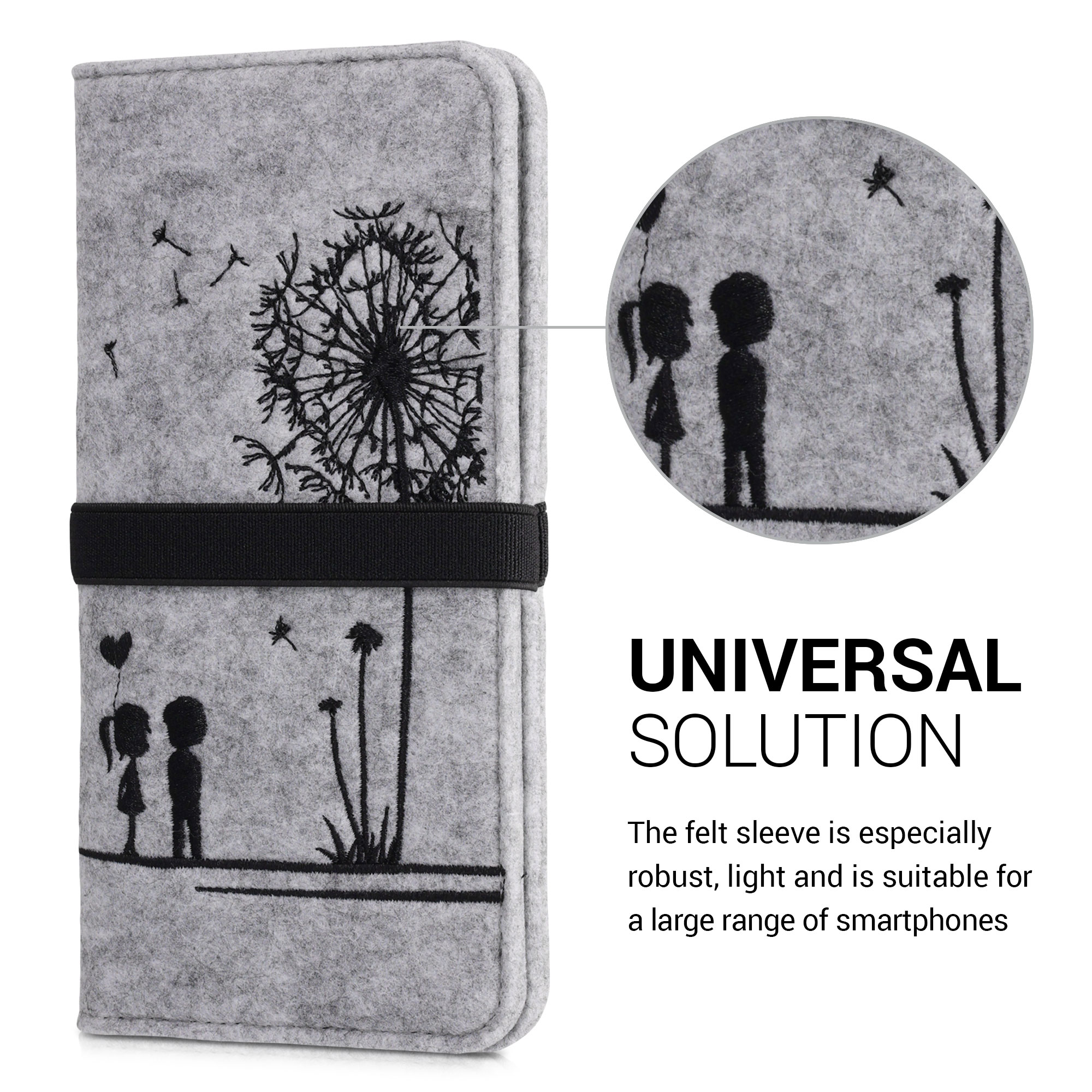 Univerzální pouzdro kwmobile na mobil XL 6,7/6,8" (17,2 x 8 cm) - motiv pampelišková láska, černá / světle šedá