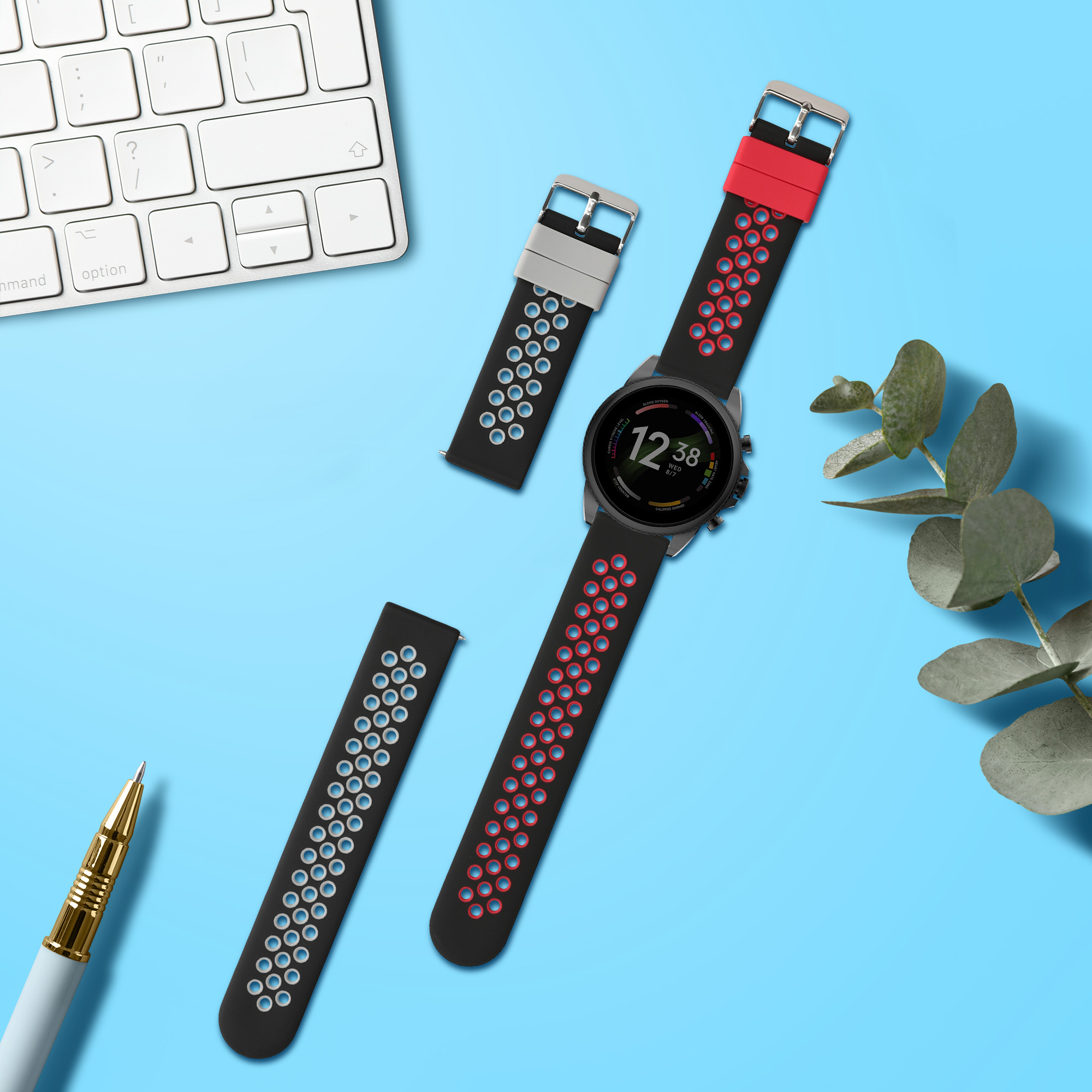 2x Řemínek na chytré hodinky kwmobile pro Fossil Gen 6 Men's Smartwatch - černá / šedá / černá / červená