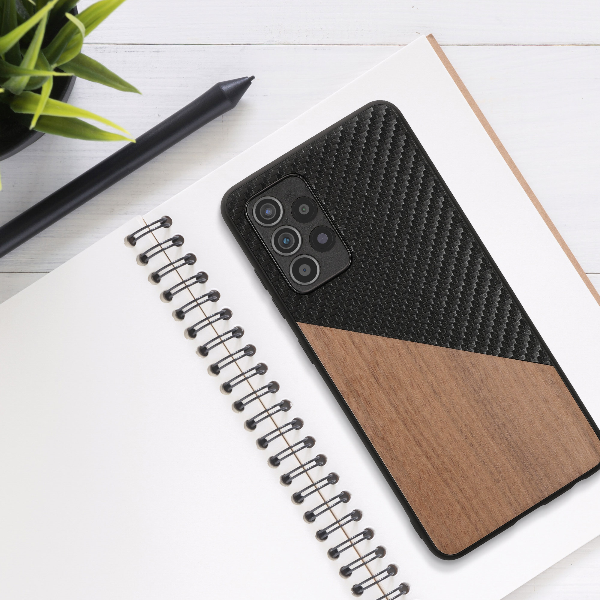 Dřevěný kryt na mobil Samsung Galaxy A52 / A52 5G / A52s 5G kwmobile TPU rámeček Tmavě hnědá / černá