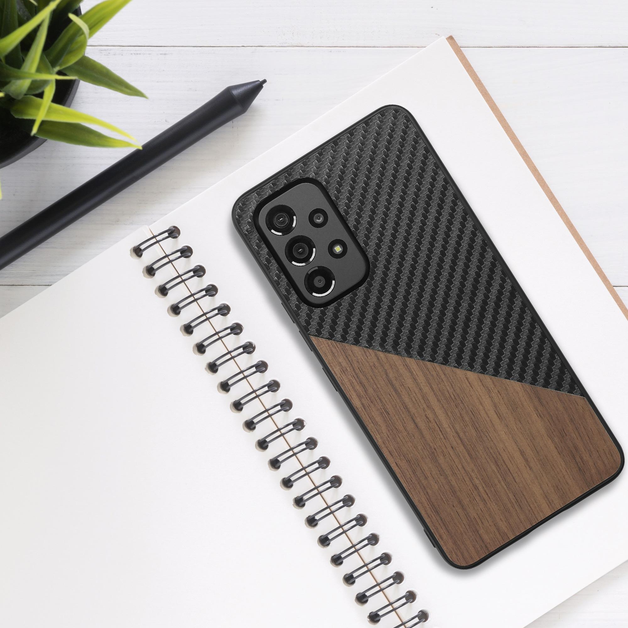 Dřevěný kryt na mobil Samsung Galaxy A53 5G kwmobile TPU rámeček Tmavě hnědá / černá