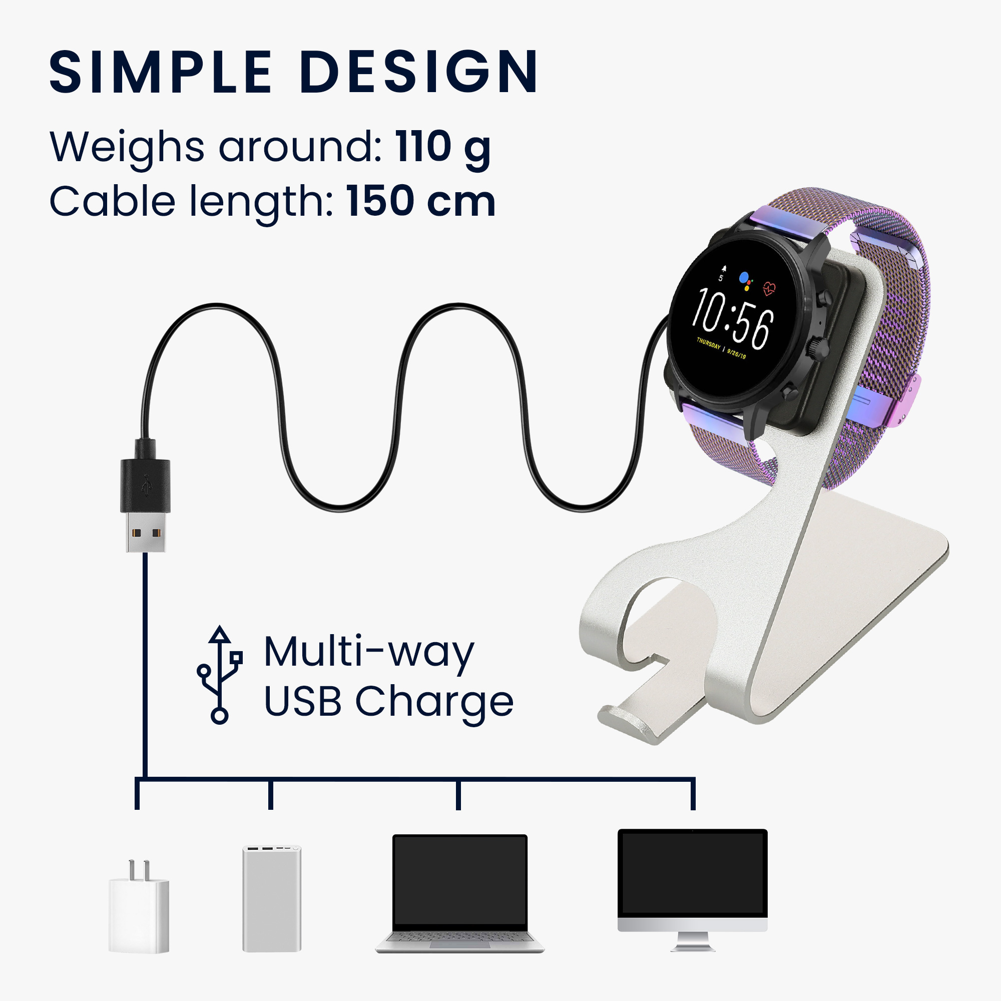 Nabíječka pro chytré hodinky kwmobile pro Fossil Gen 4 / Gen 5 / Michael Kors R… - černá / stříbrná