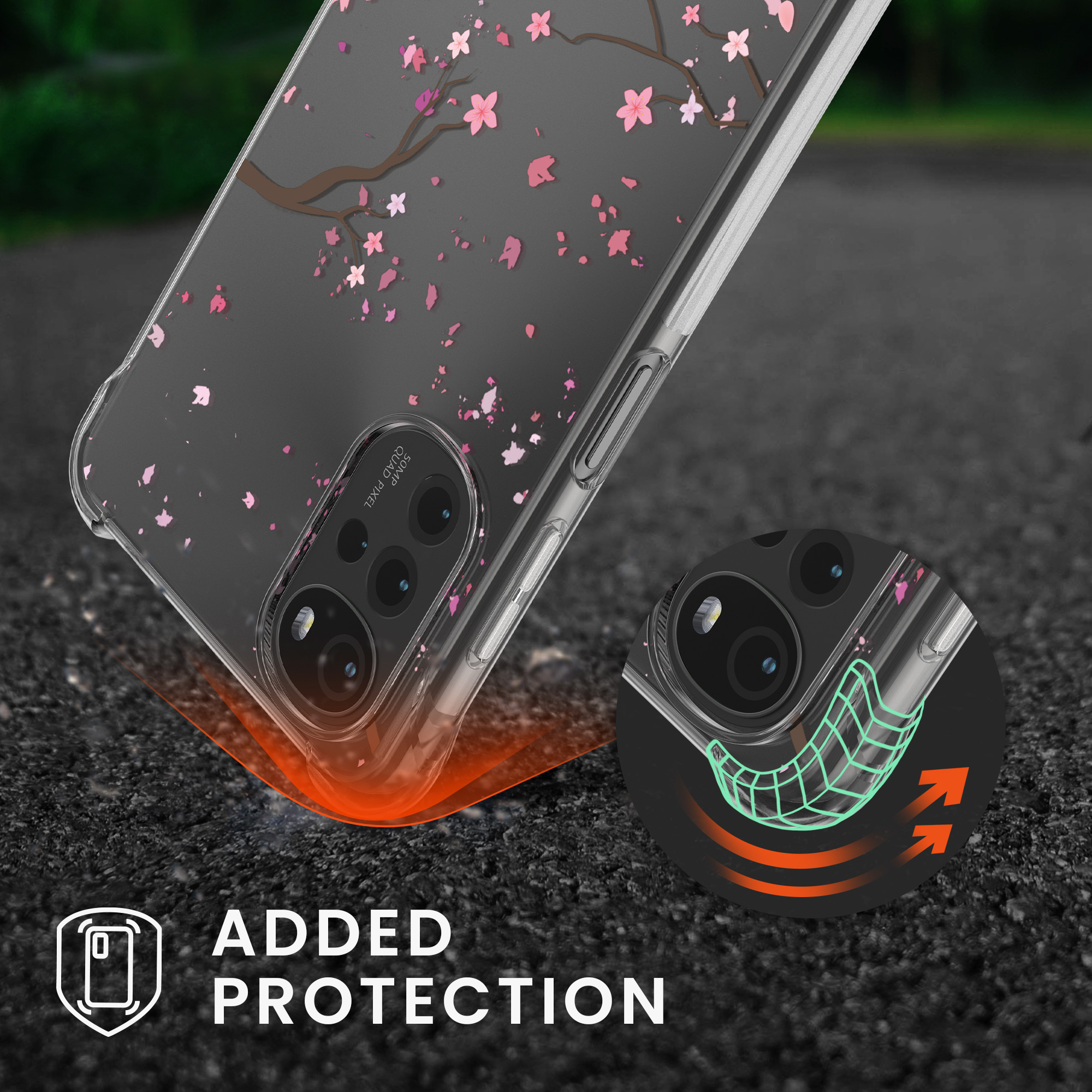 Kryt s popruhem kwmobile pro Motorola Moto G22 - Růžové třešňové květy / tmavě hnědá / transparentní