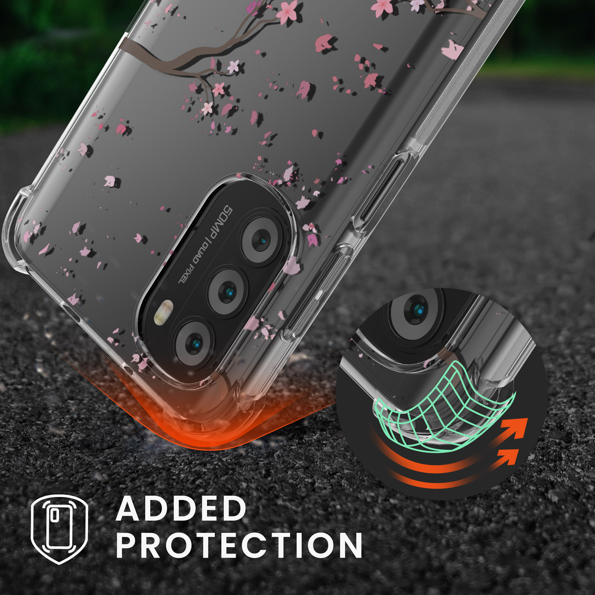 Kryt s popruhem kwmobile pro Motorola Moto G52 / Moto G82 5G - Růžové třešňové květy / tmavě hnědá / transparentní