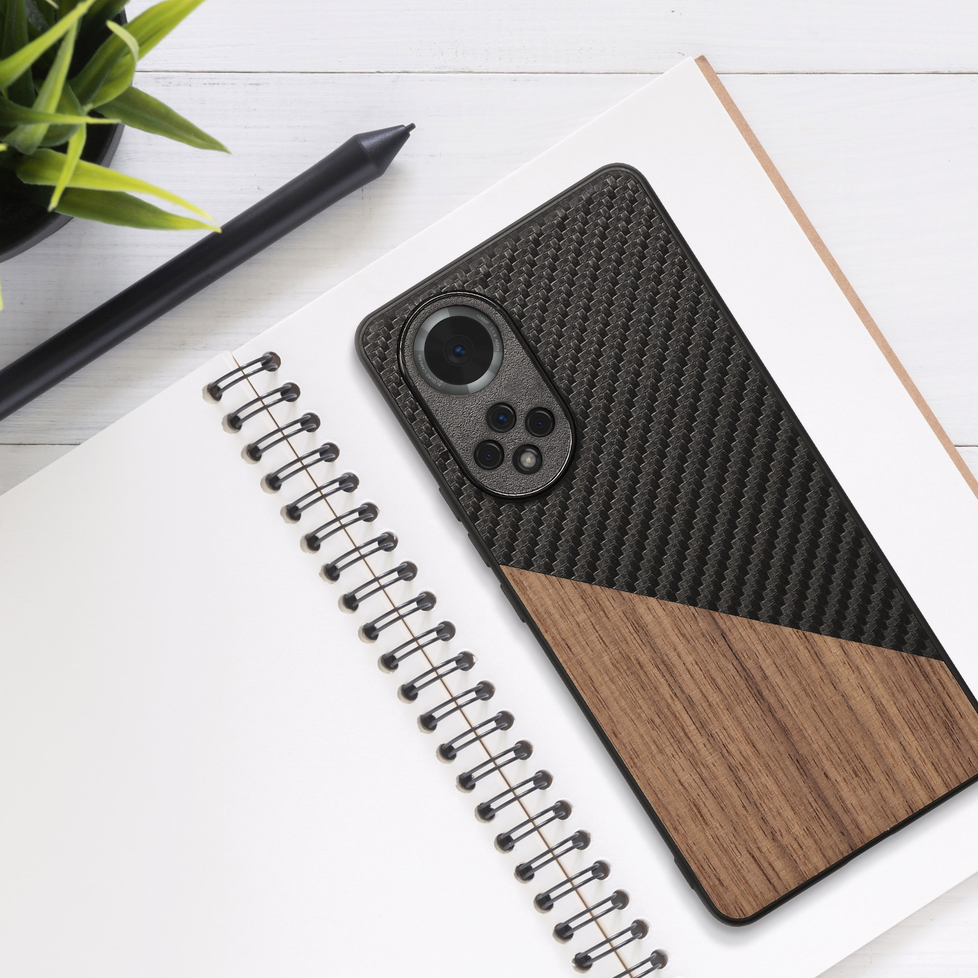 Kryt na mobil Honor 50 kwmobile dřevo / carbon tmavě hnědá / černá