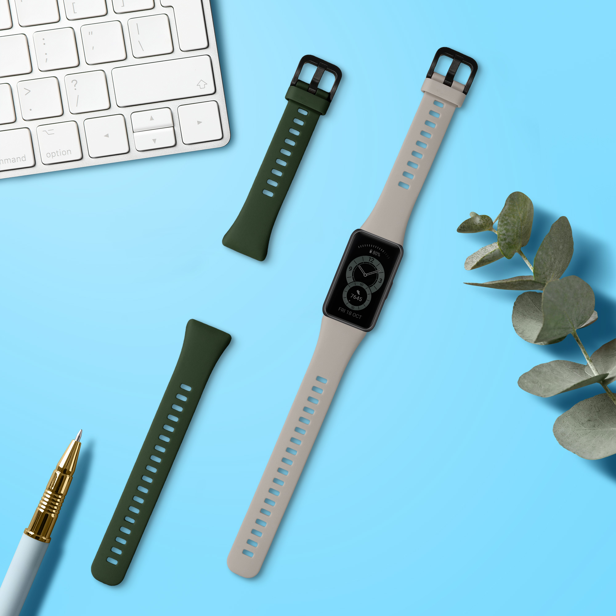 Řemínky pro Huawei Band 6 & 6 Pro / Honor Band 7 & 6 kwmobile silikonové - tmavě zelená / béžová