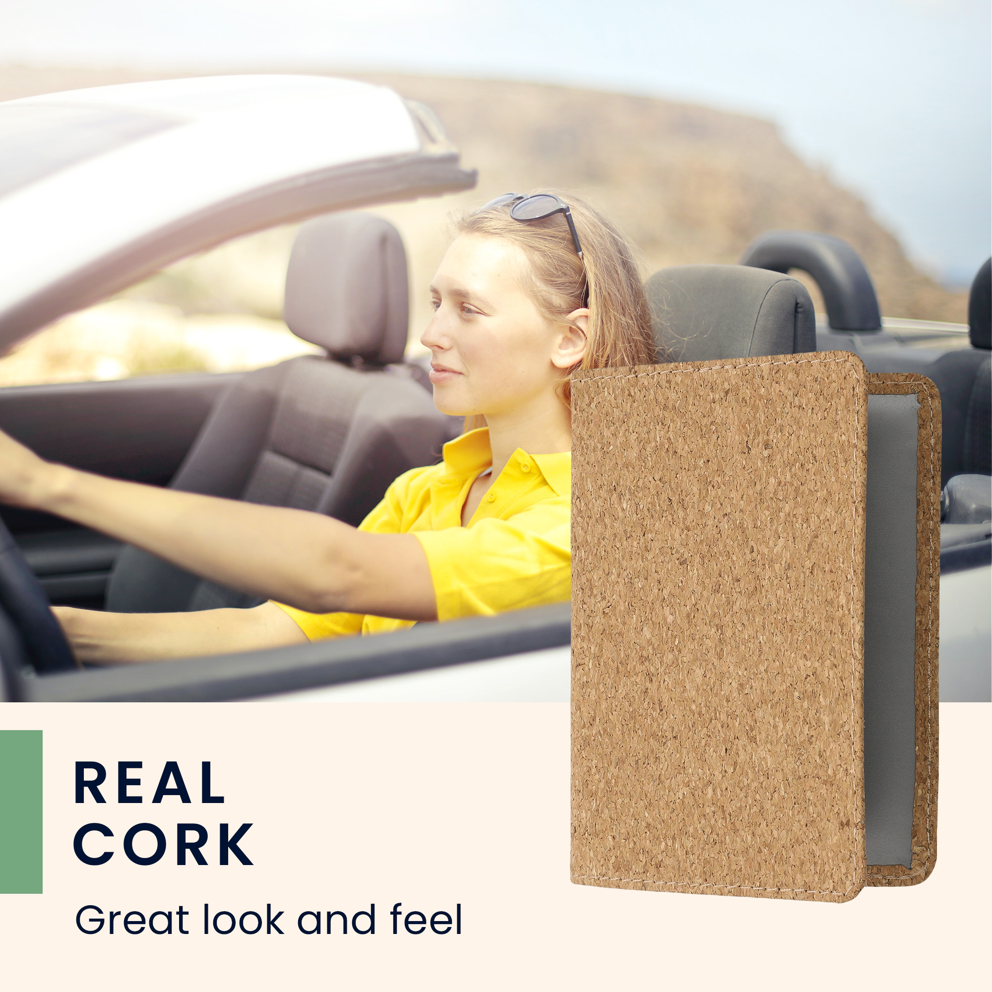 Obal na doklady od auta kwmobile korek - 9,2 × 13 cm - světle hnědá