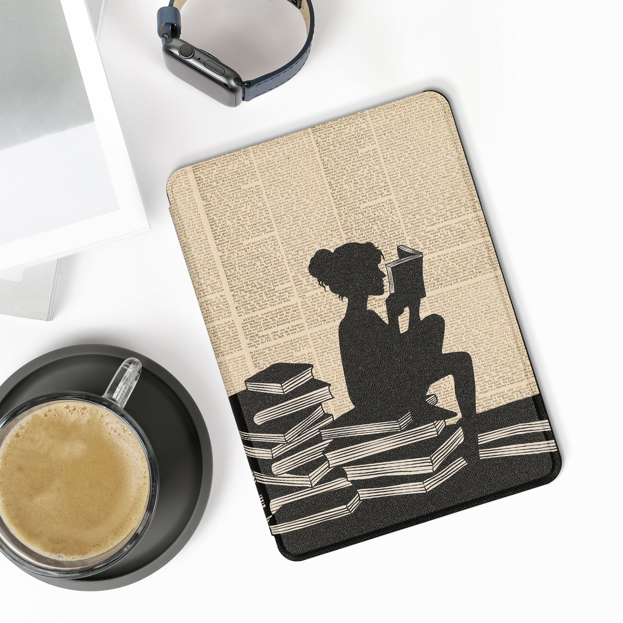 Pouzdro na čtečku kwmobile Amazon Kindle Paperwhite 11 Generation 2021 Case - Girl and Books černá / béžová