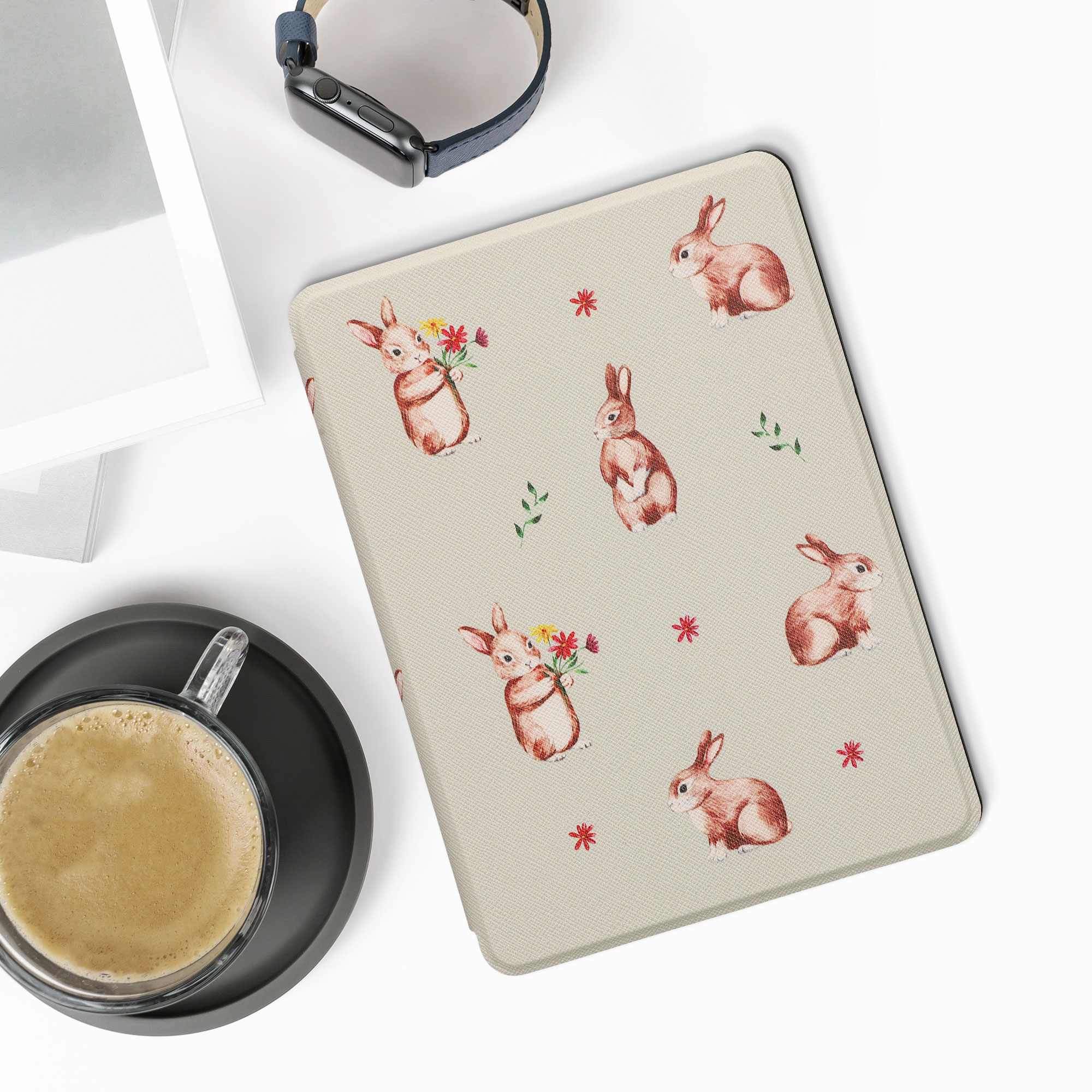 Pouzdro na čtečku kwmobile Amazon Kindle Paperwhite 11 Generation 2021 Case - Rabbits and Flowers bílá / hnědá / šedá zelená