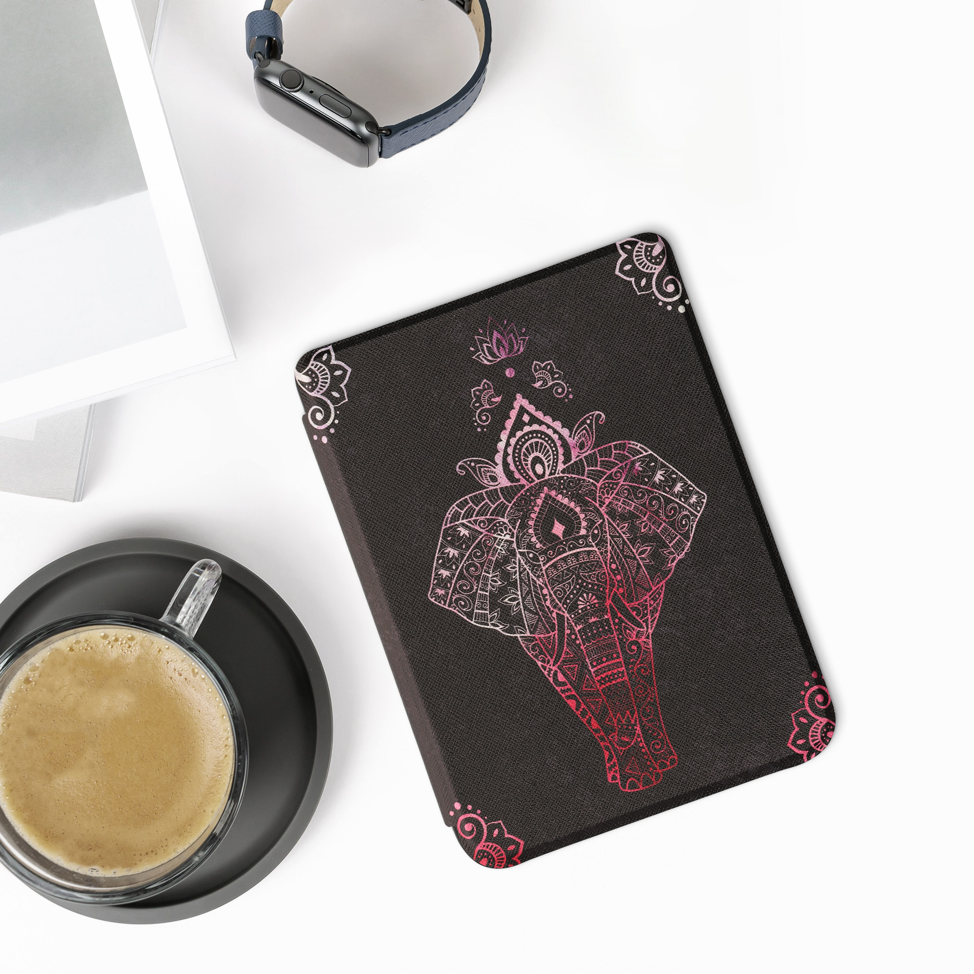 Flip pouzdro na čtečku s magnetem Kobo Clara 2E/Tolino Shine 4 Elephant Sketch tmavě růžovo-antracitové