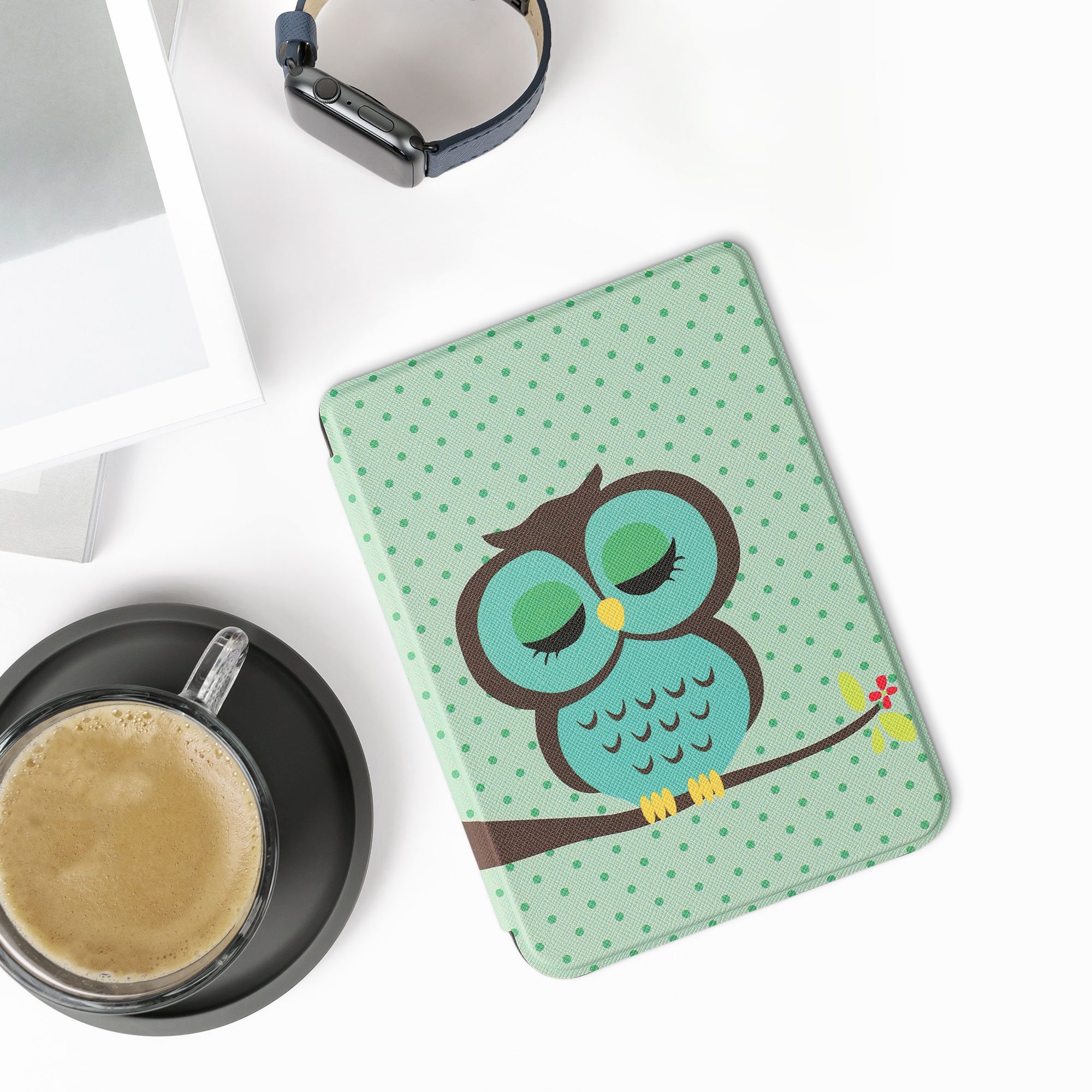 Flip pouzdro na čtečku s magnetem Kobo Clara 2E/Tolino Shine 4 Sleeping Owl tyrkysovo-hnědo-mint