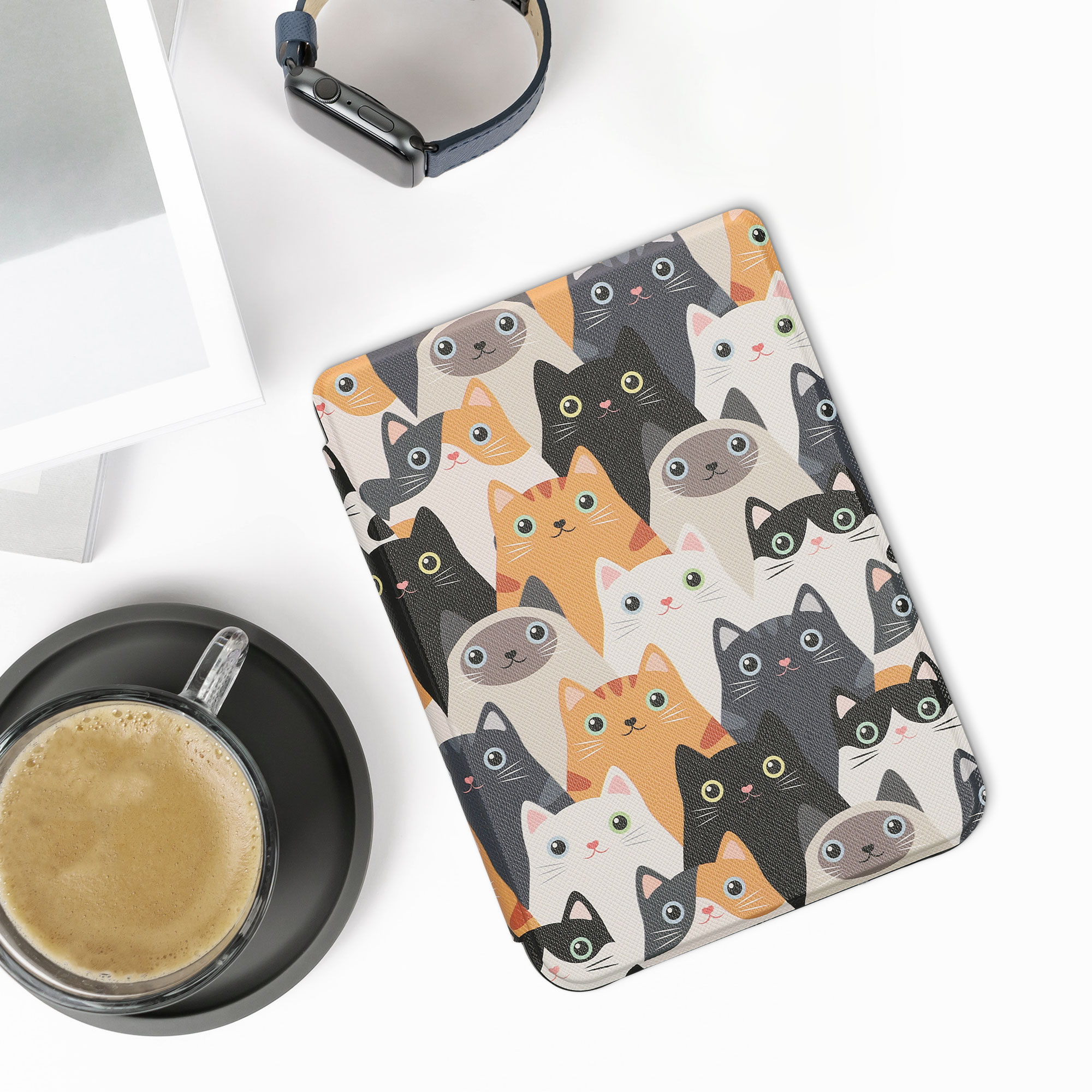 Flip pouzdro na čtečku s magnetem Kobo Clara 2E/Tolino Shine 4 Cats oranžovo-černo-bílé