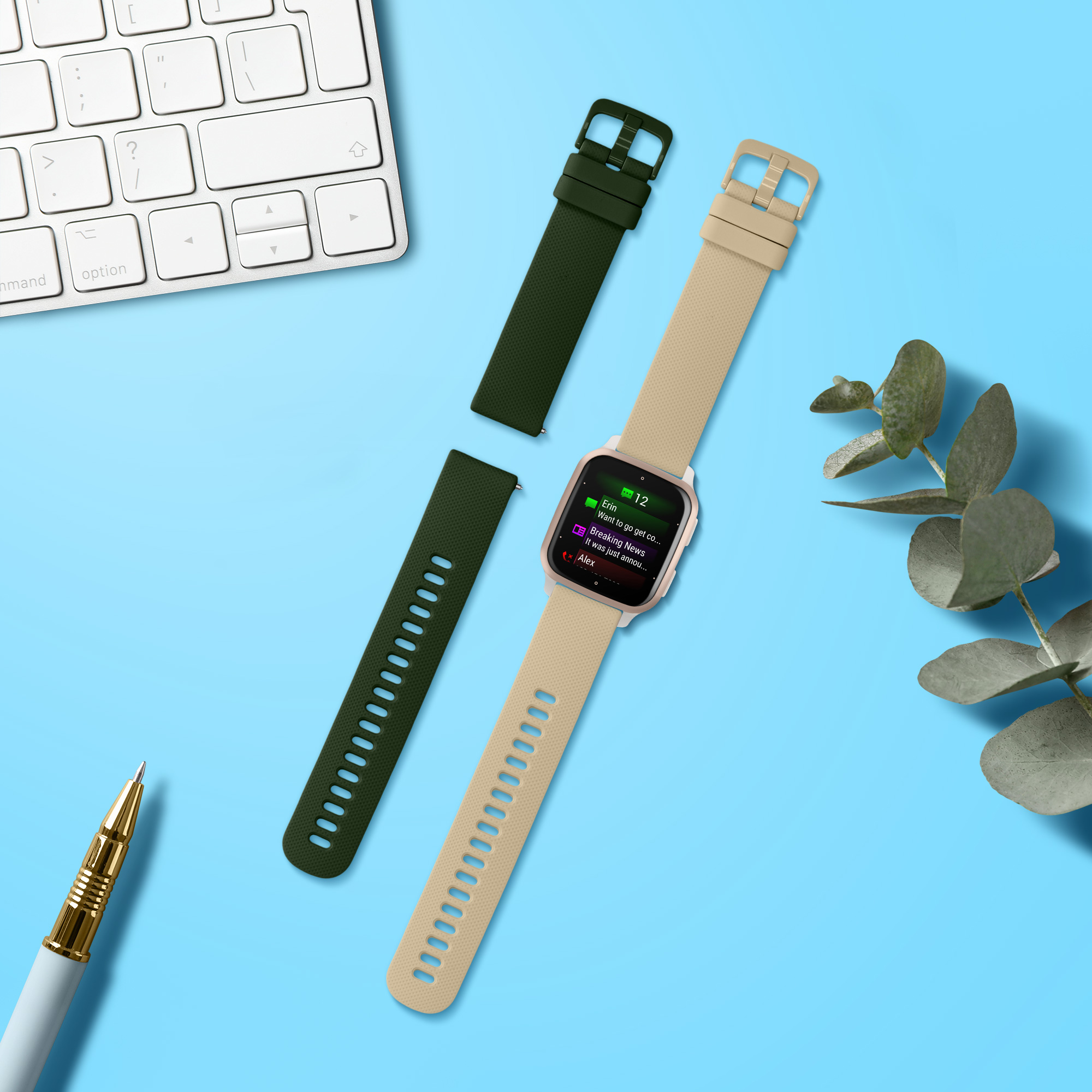 2 ks Řemínek kwmobile pro Garmin Venu Sq 2 Music / Sq 2 / Vivoactive 6 / Vivoactive 5 - tmavě zelená / béžová