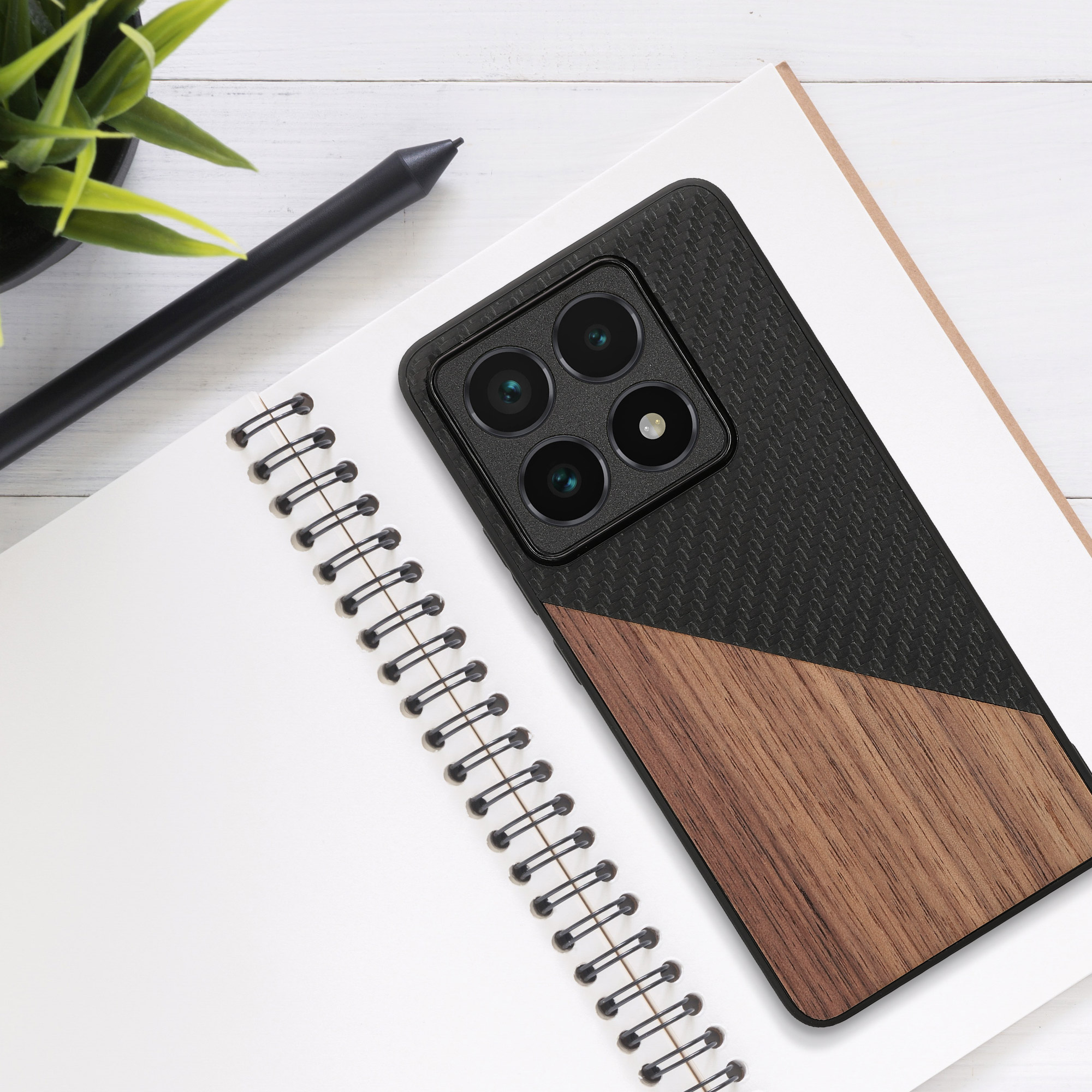 Pouzdro pro Xiaomi 14T Pro kwmobile dřevěné - tmavě hnědá / černá