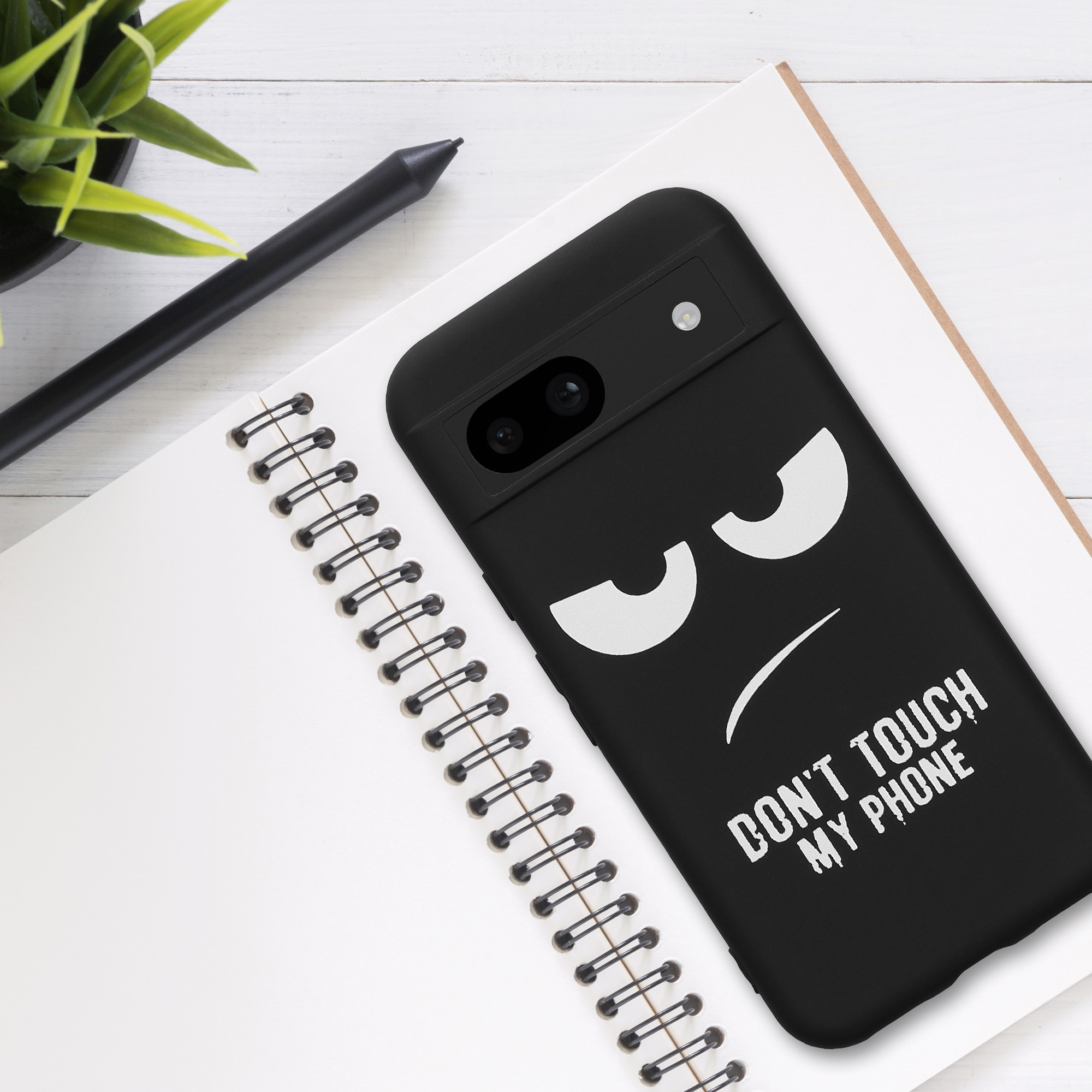 TPU silikonový kryt pro Google Pixel 8a, měkký a protiskluzový kwmobile ‑ „nesahej na můj telefon“, bílá / černá