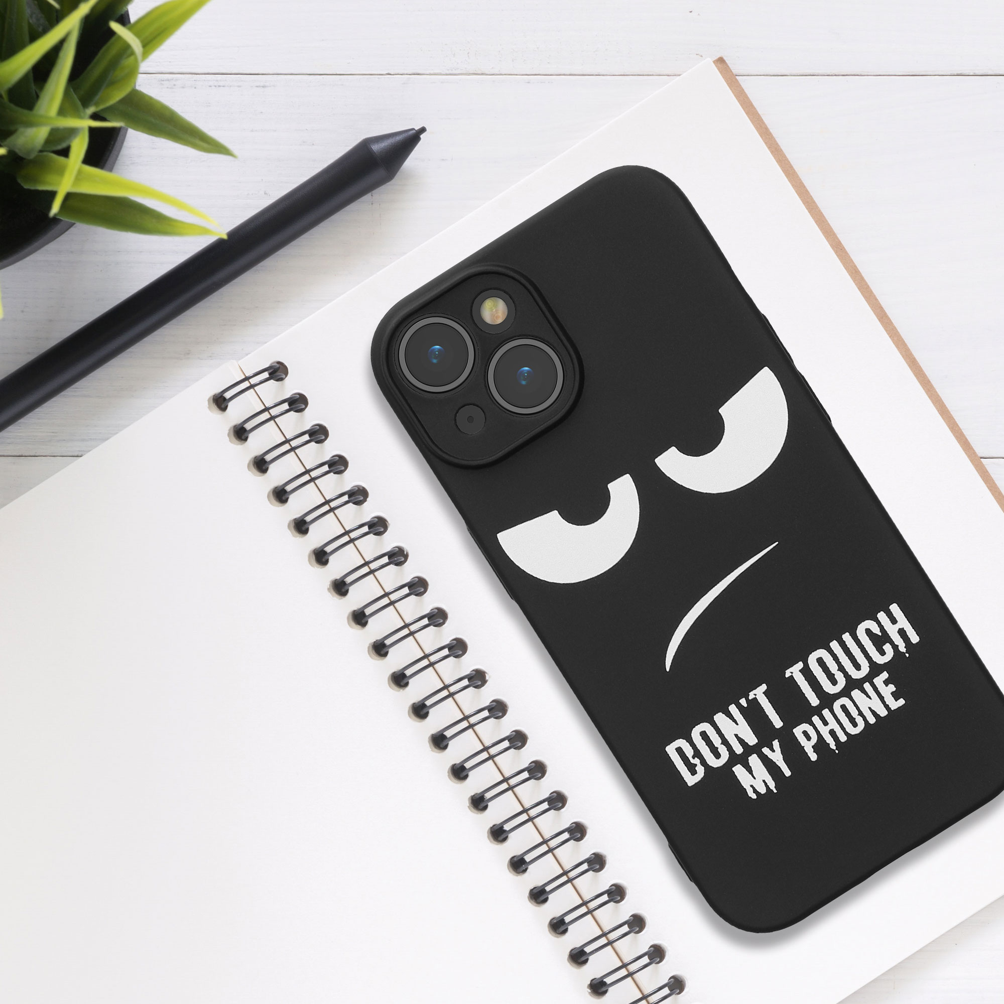 TPU silikonové pouzdro pro Apple iPhone 15 kwmobile - bílá „nesahej na můj telefon“ / černá