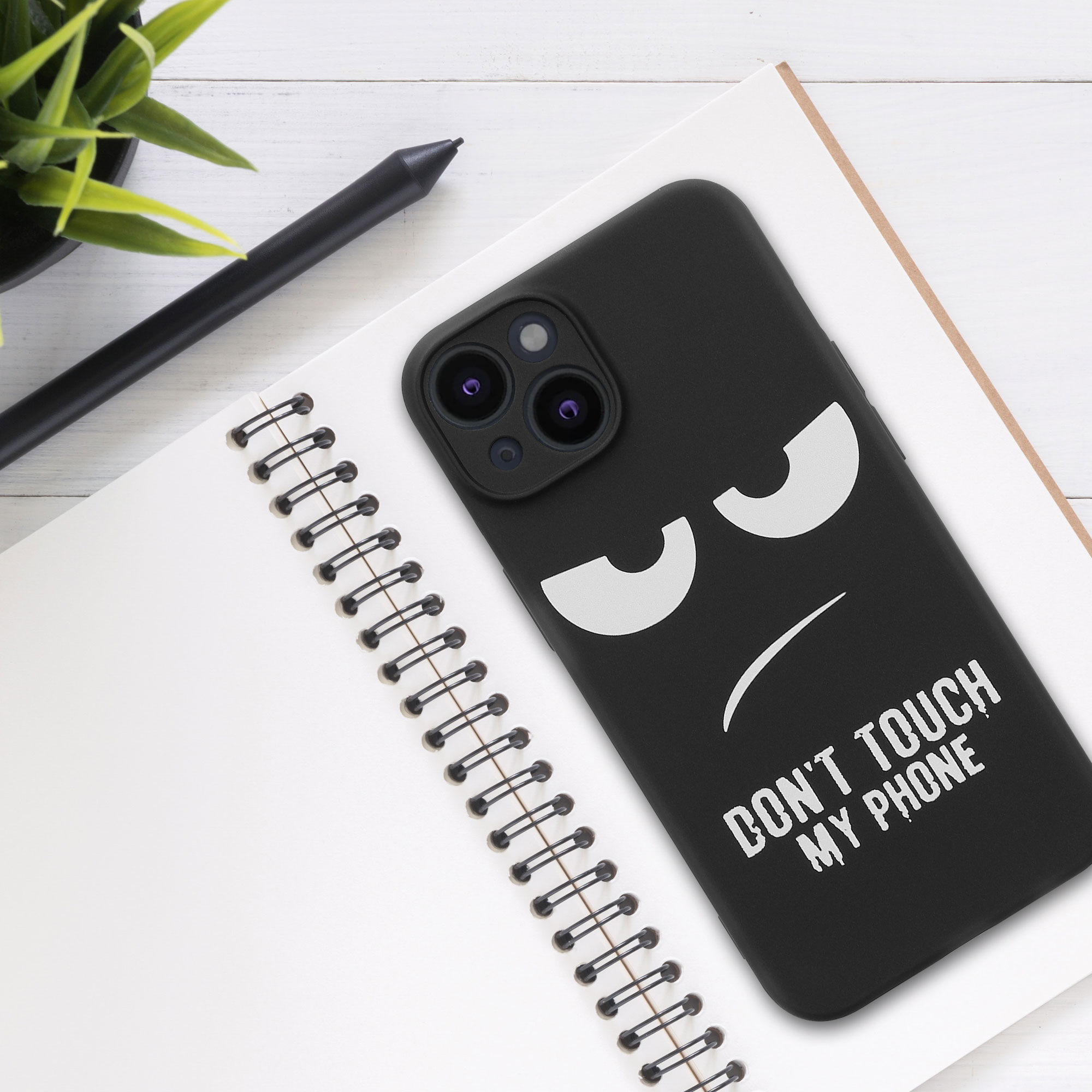 TPU silikonové pouzdro pro Apple iPhone 14 kwmobile - bílá „nesahej na můj telefon“ / černá