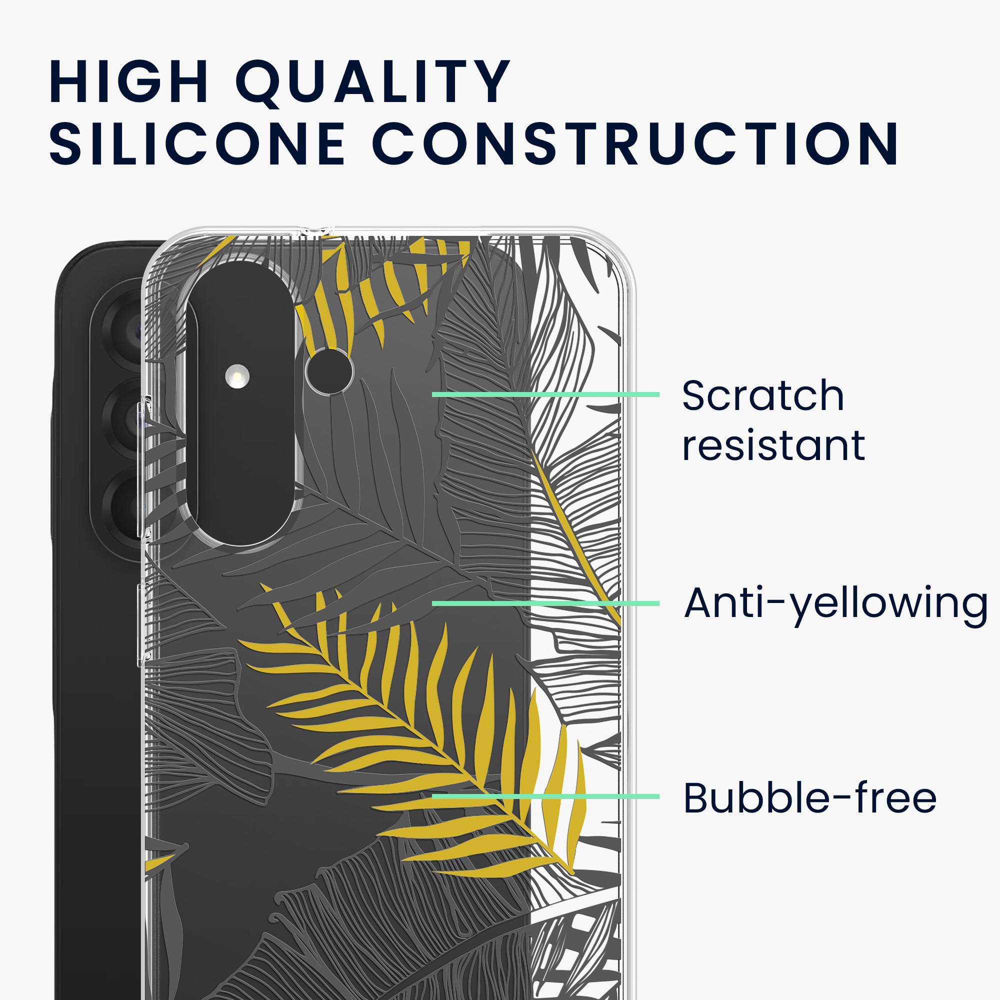 Průhledný kryt na mobil Samsung Galaxy A56 5G kwmobile motiv Palm Leaves Palm Leaves - žlutá / šedá / transparentní