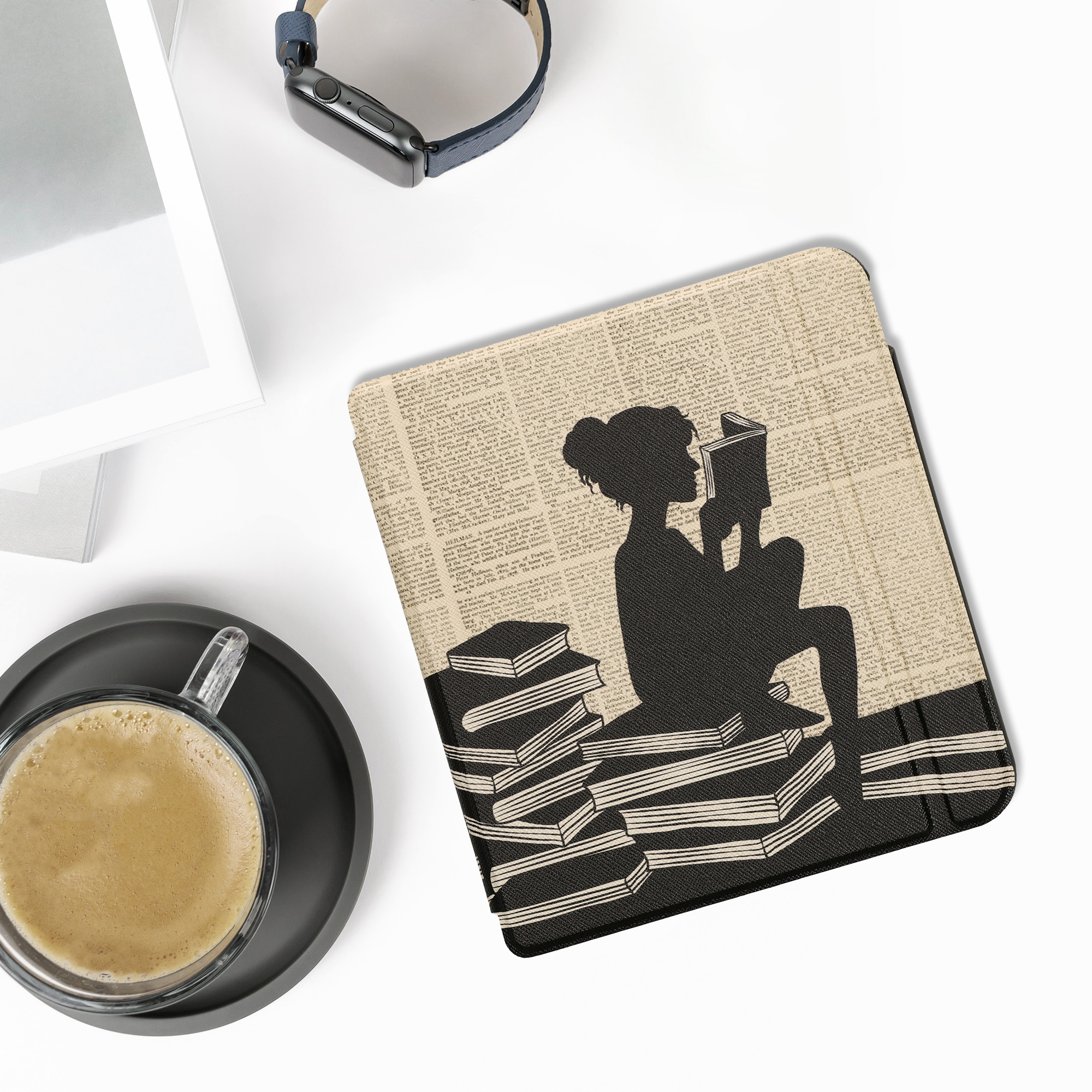 Obal pro Kobo Libra Colour kwmobile - motiv dívka s knihami s černá / béžová