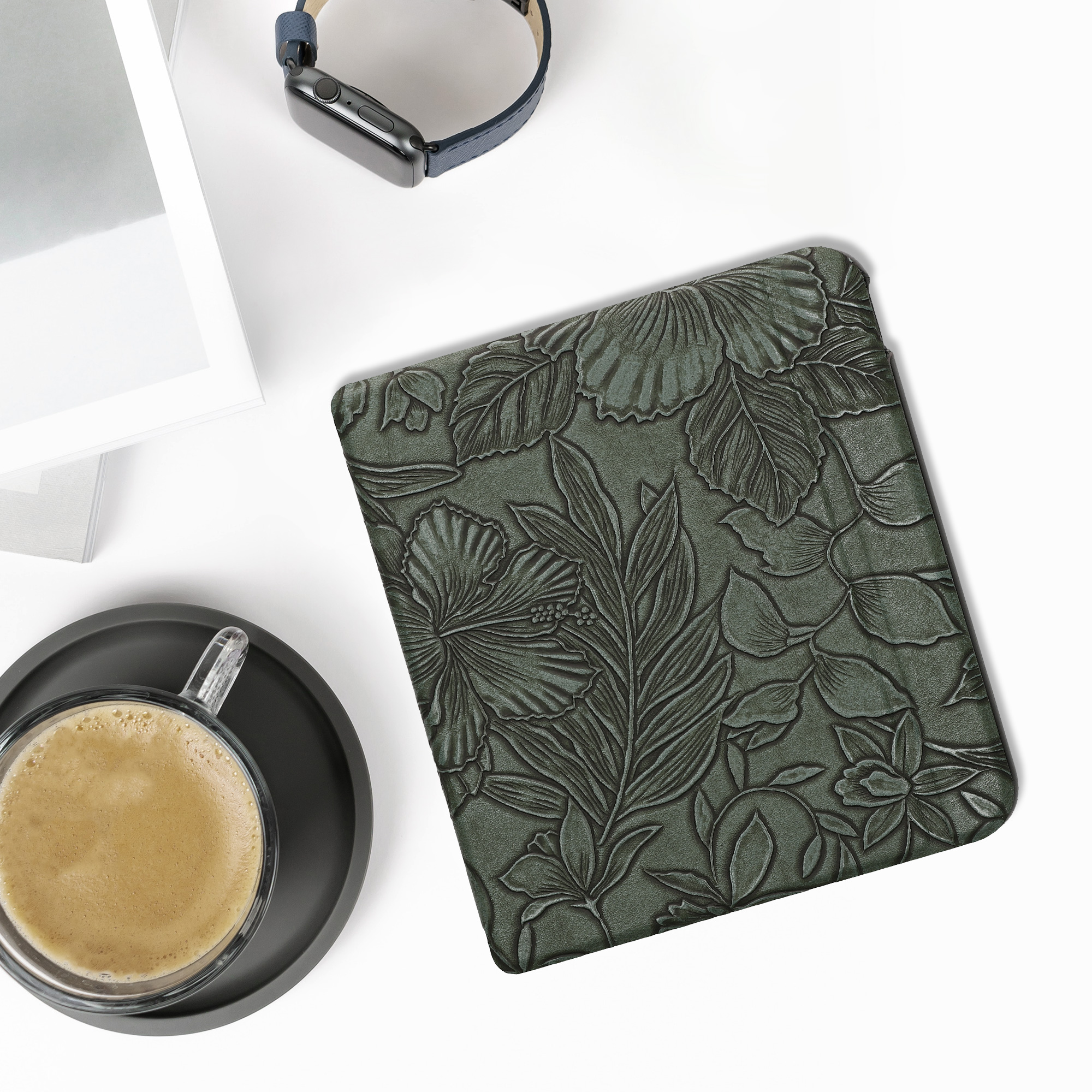 kwmobile pouzdro na čtečku Kobo Libra Colour, Embossing Flowers with zelená