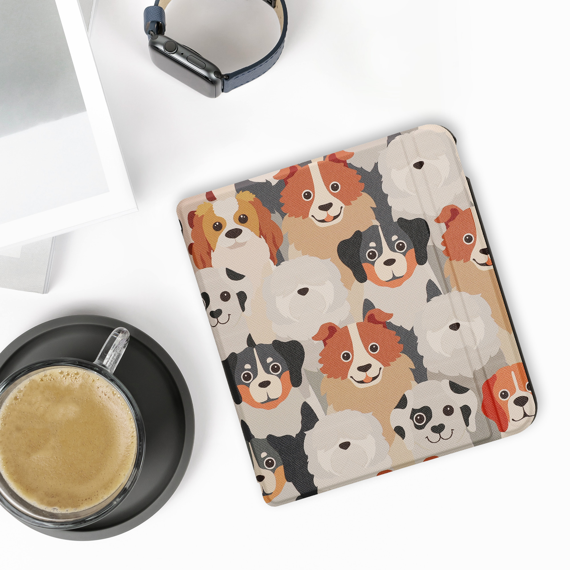 Obal pro Kobo Libra Colour kwmobile - motiv psi s bílá / světle hnědá / šedá
