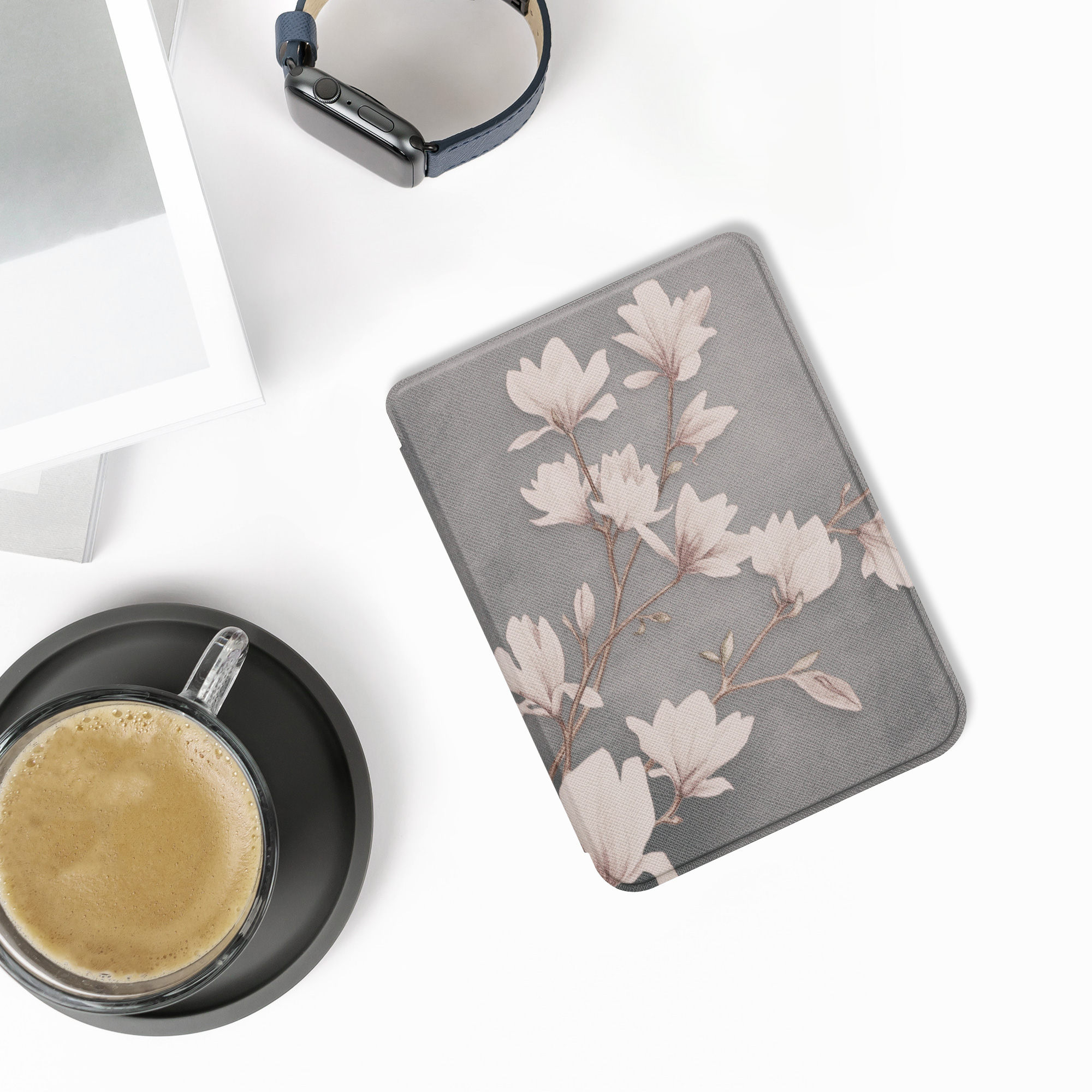 Flip pouzdro na čtečku s magnetem Kobo Clara BW/Colour Magnolias taupe-bílo-modrošedé
