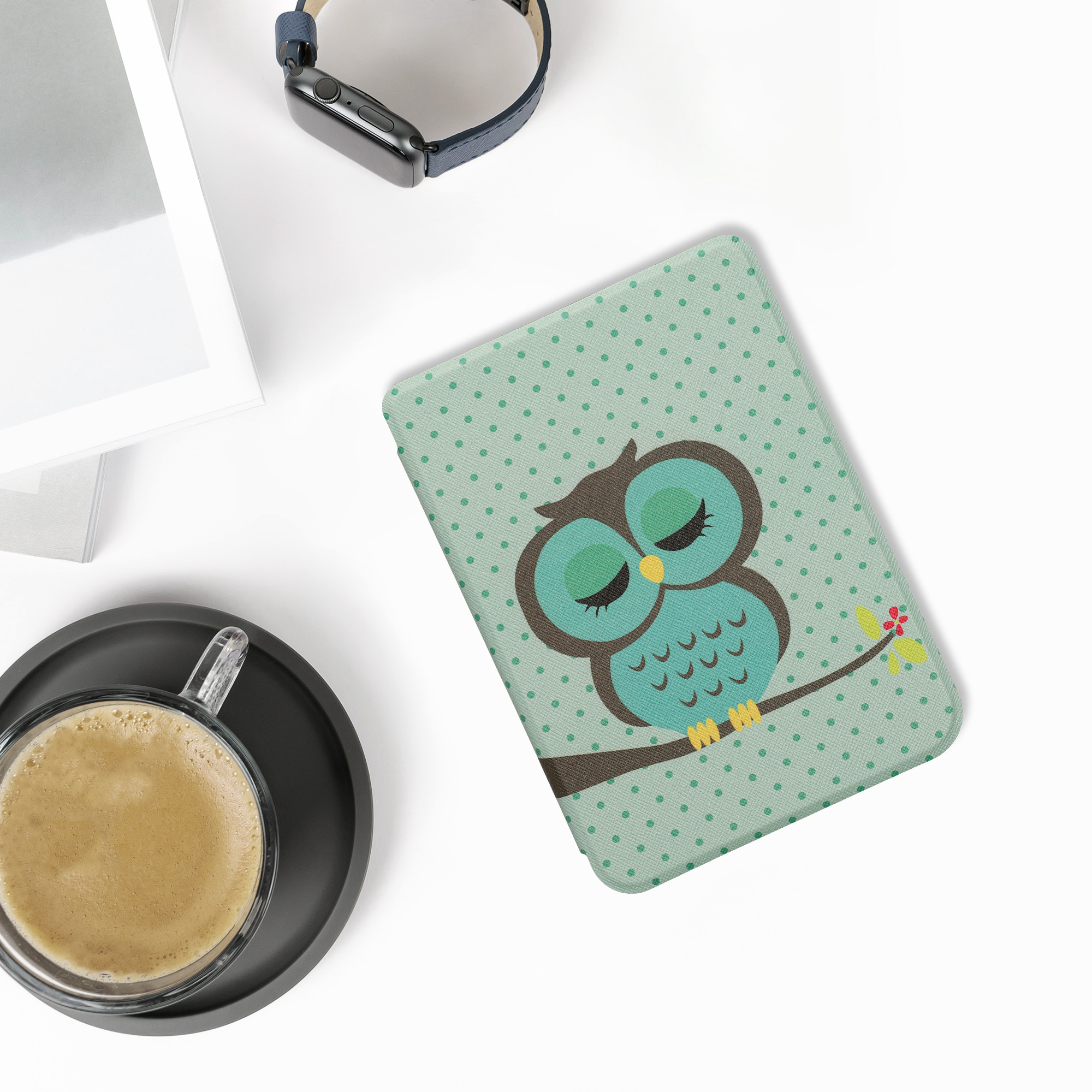 Flip pouzdro na čtečku s magnetem Kobo Clara BW/Colour Sleeping Owl tyrkysovo-hnědo-mint